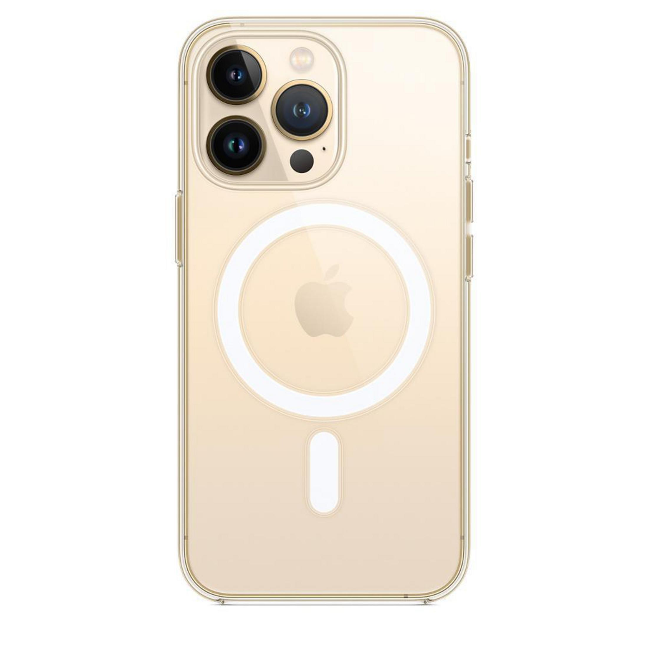 Transparante telefoonhoes met een doorzichtige achterkant en een uitsparing voor de camera. Apple-logo zichtbaar. Witte achtergrond.