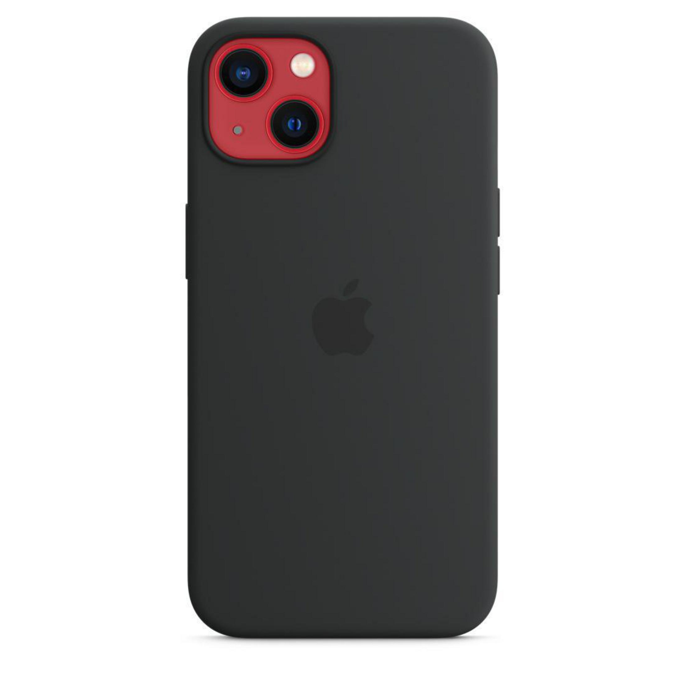 Coque d'iPhone noire avec zone caméra rouge et logo Apple. Le téléphone est légèrement incliné.