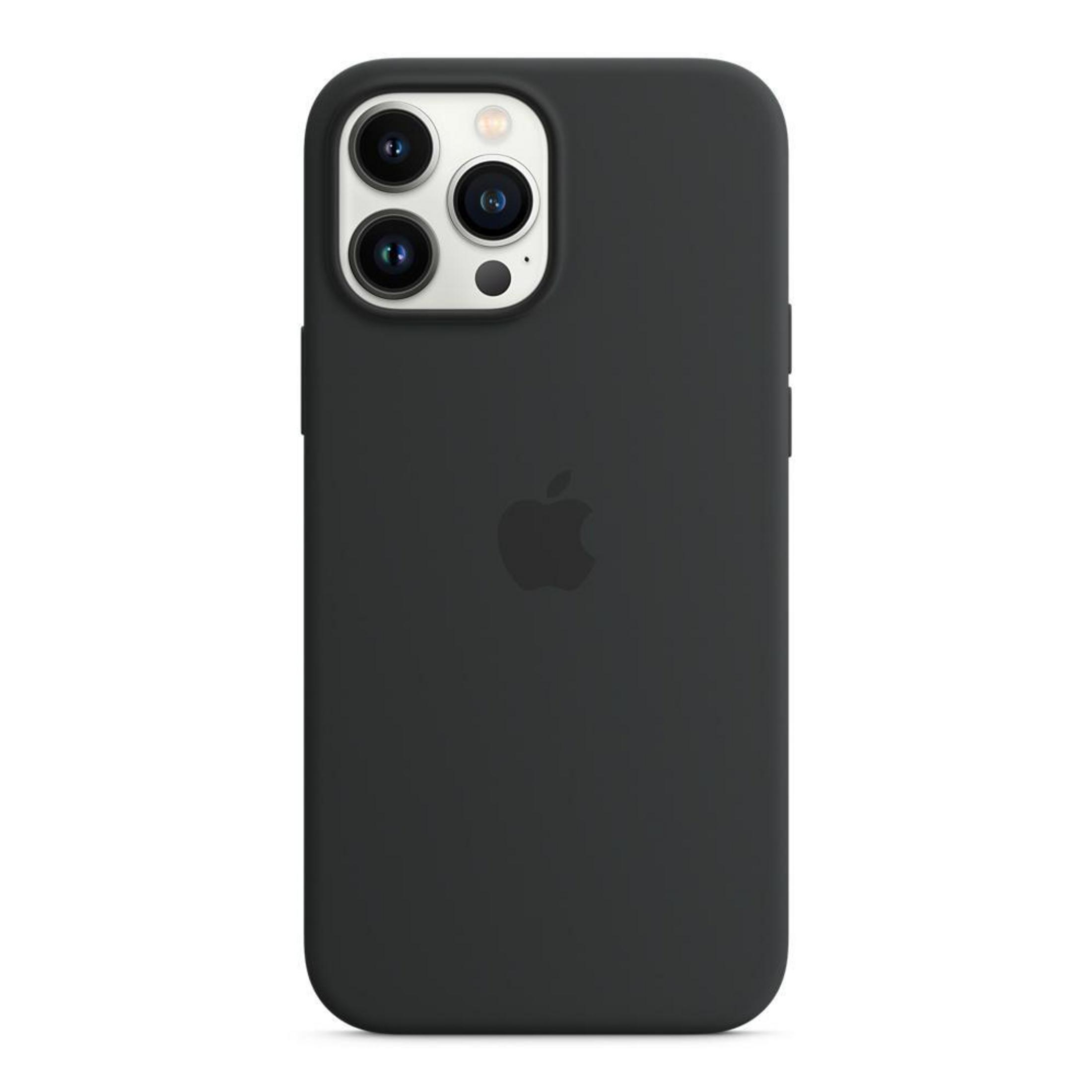 Zwarte iPhone-hoes. Hij heeft het Apple-logo en drie cameralenzen.
