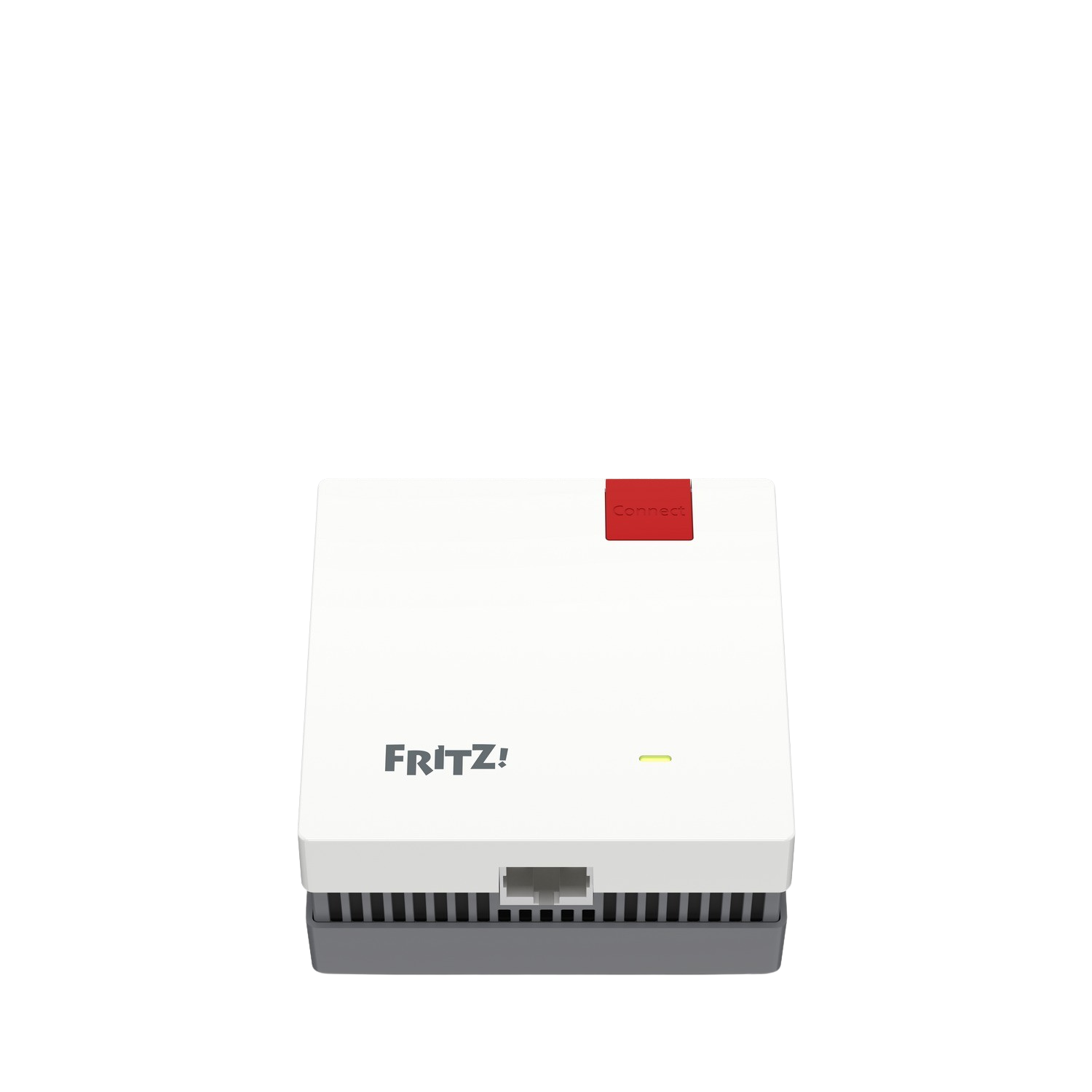 Białe urządzenie sieciowe z czerwonym przyciskiem 'Connect'. Na czarnym tle.