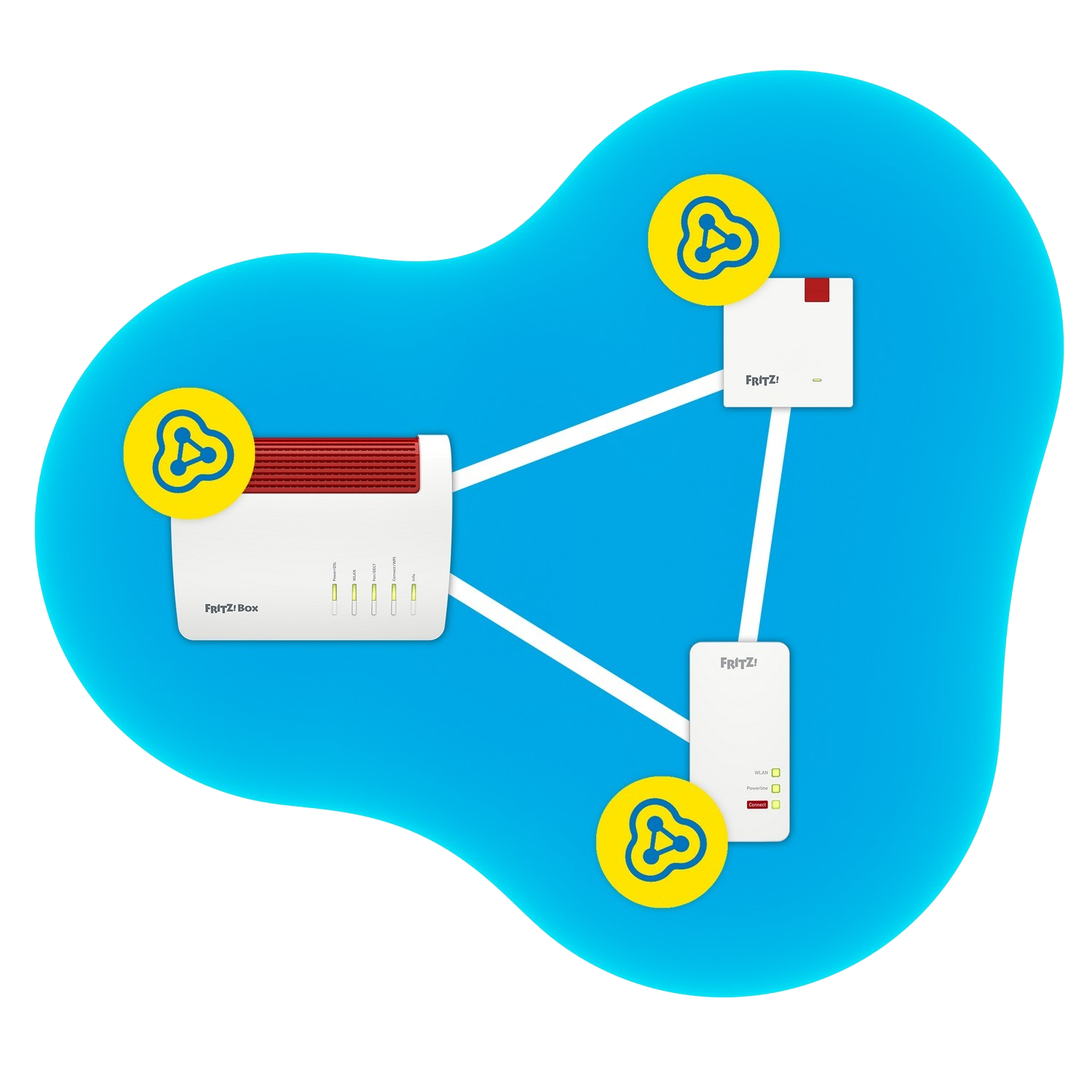 Schemat trzech białych routerów połączonych na niebieskim tle. Obecne żółte ikony.