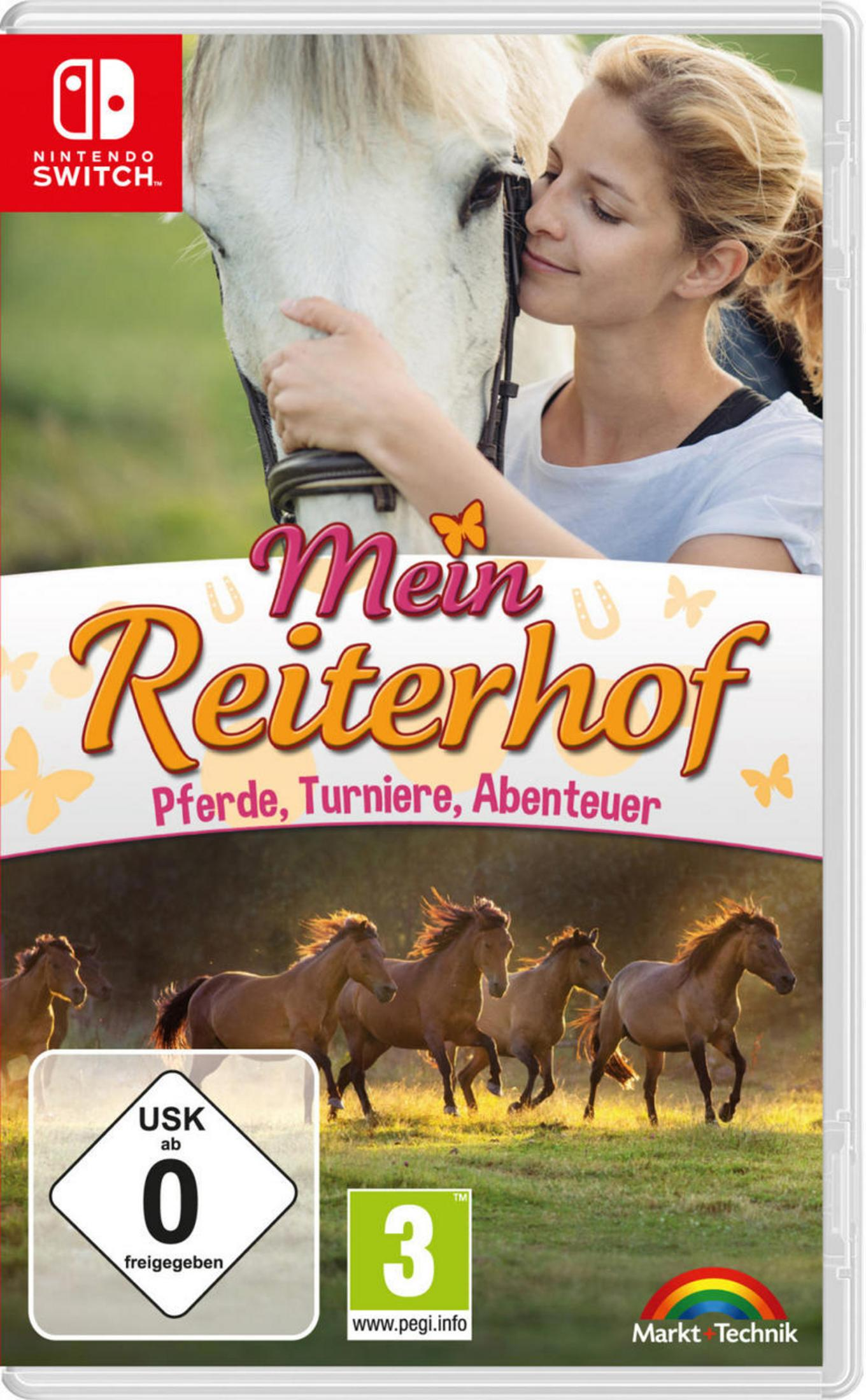 Nintendo Switch Spiel: Mein Reiterhof. Cover zeigt Frau mit Pferd.