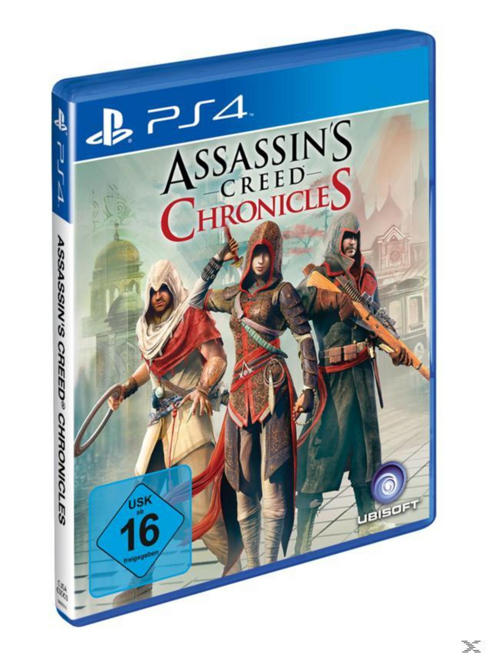 Spielverpackung von Assassin's Creed Chronicles, mit Charakteren auf dem Cover.