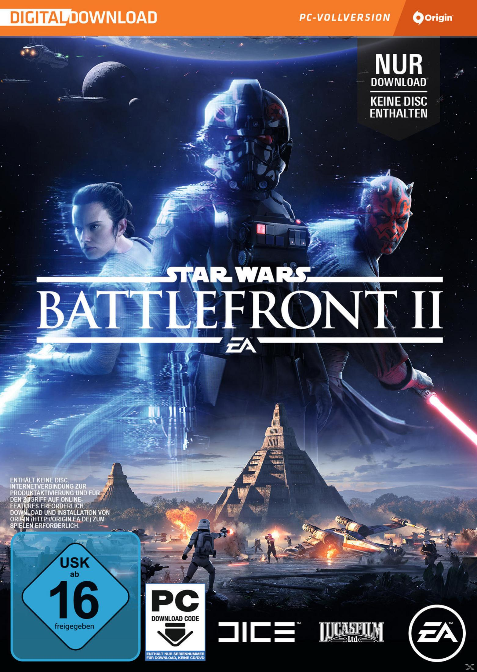 Okładka gry Star Wars Battlefront II, z postaciami i bitwą kosmiczną, białe tło.