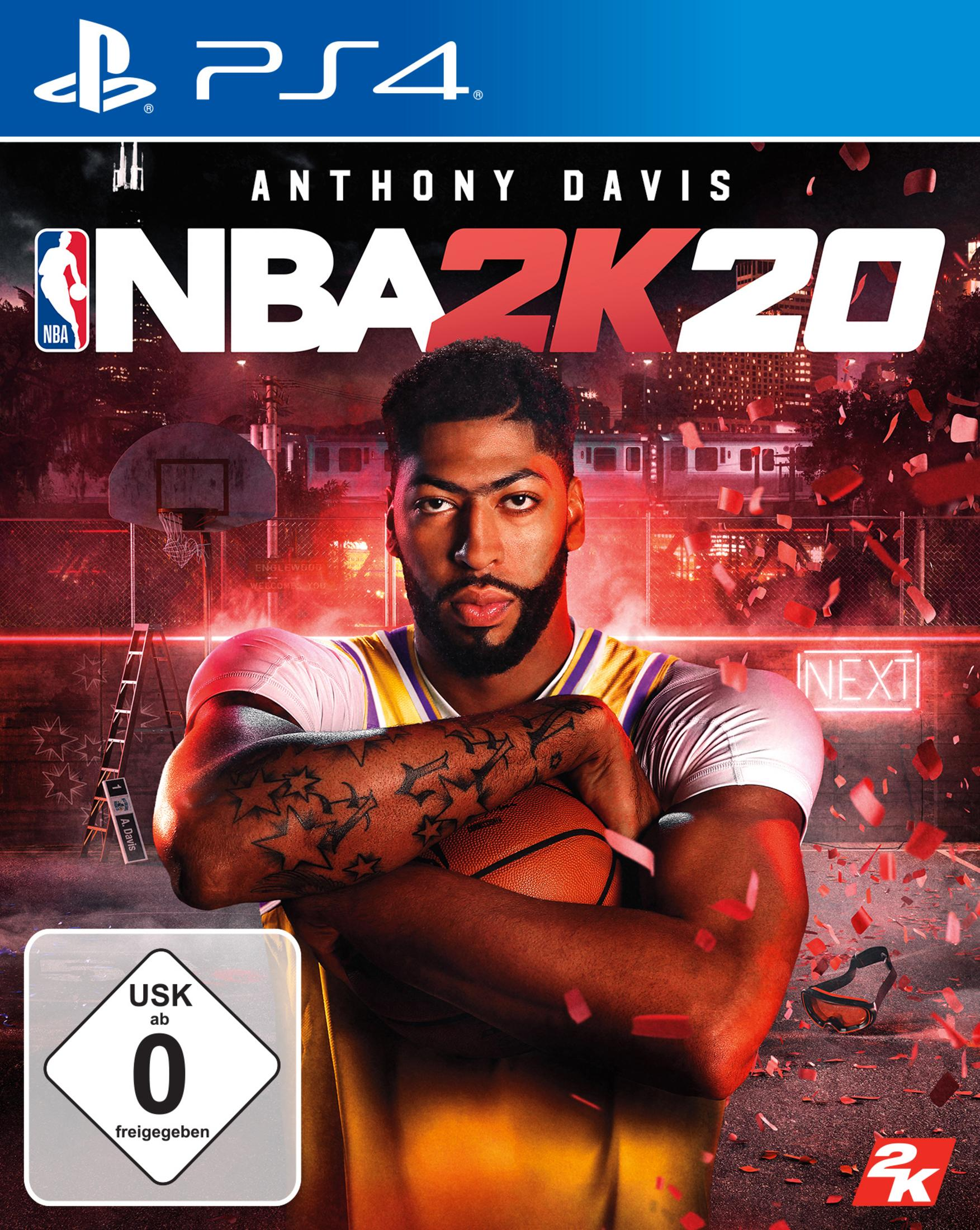 Videospielbox, NBA 2K20. PS4. Anthony Davis auf dem Cover. Weißer Hintergrund.