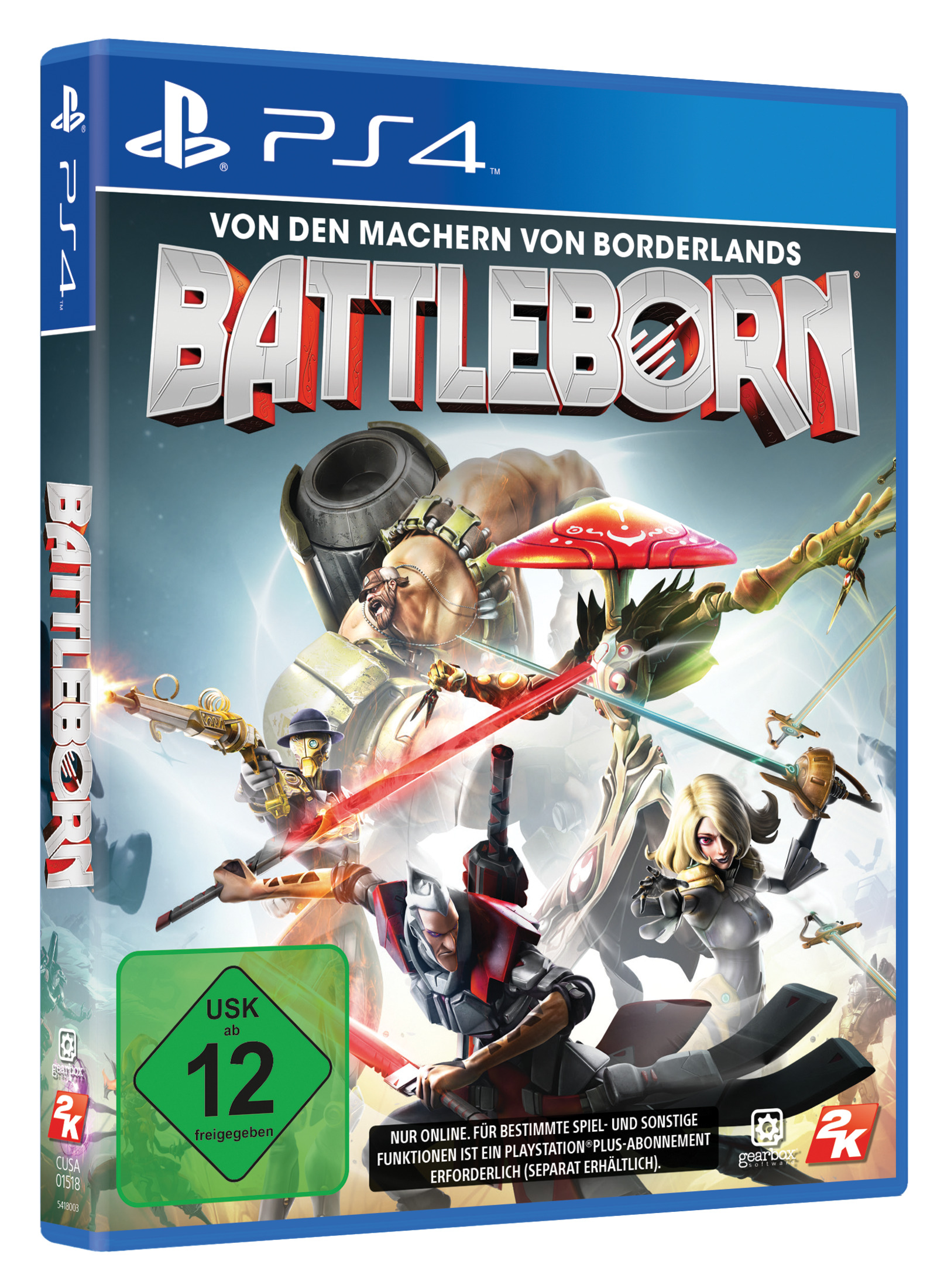 Ein PS4-Spielcase mit einem farbenfrohen, actiongeladenen Cover des Spiels Battleborn.