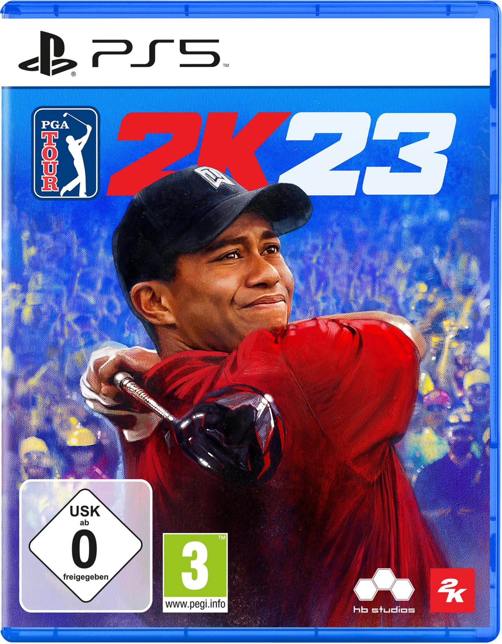 Una confezione di gioco per PS5 di 'PGA Tour 2K23', con Tiger Woods che fa swing con una mazza da golf.