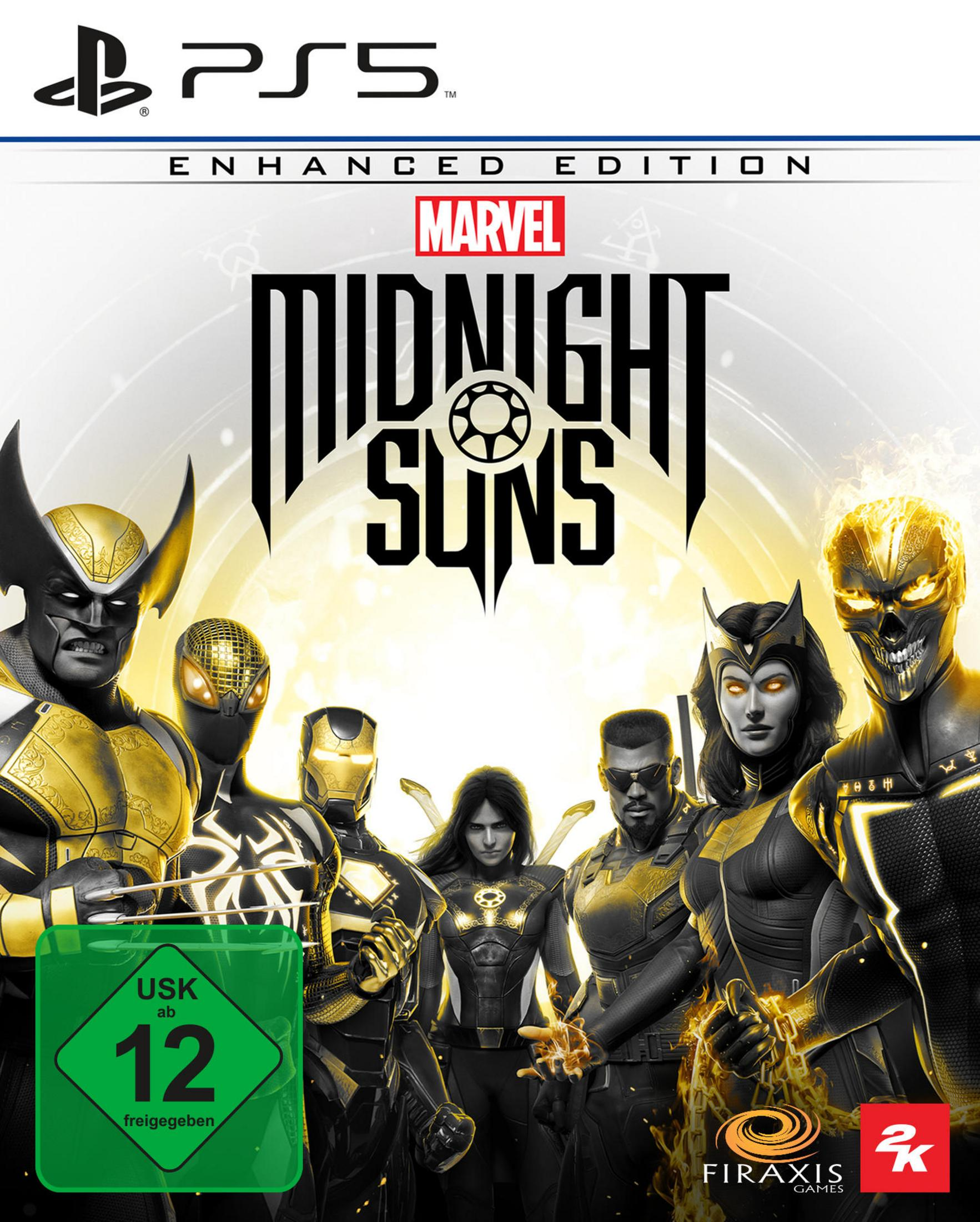 Okładka gry: 'Marvel Midnight Suns' na PS5. Postacie w kolorze złotym i czarnym, ciemne tło.