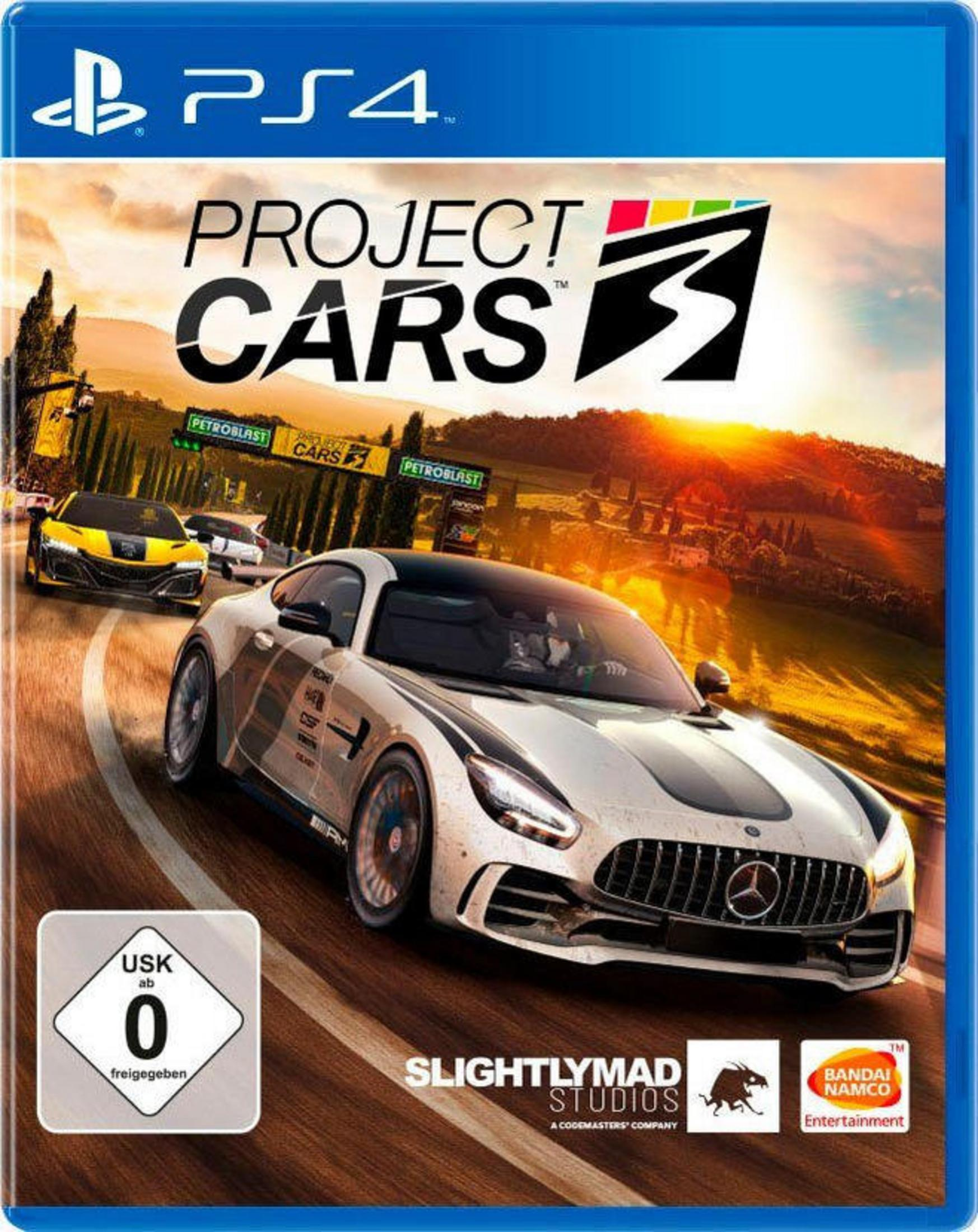 Okładka gry Project Cars 3, z samochodami wyścigowymi na torze, tło zachodu słońca.