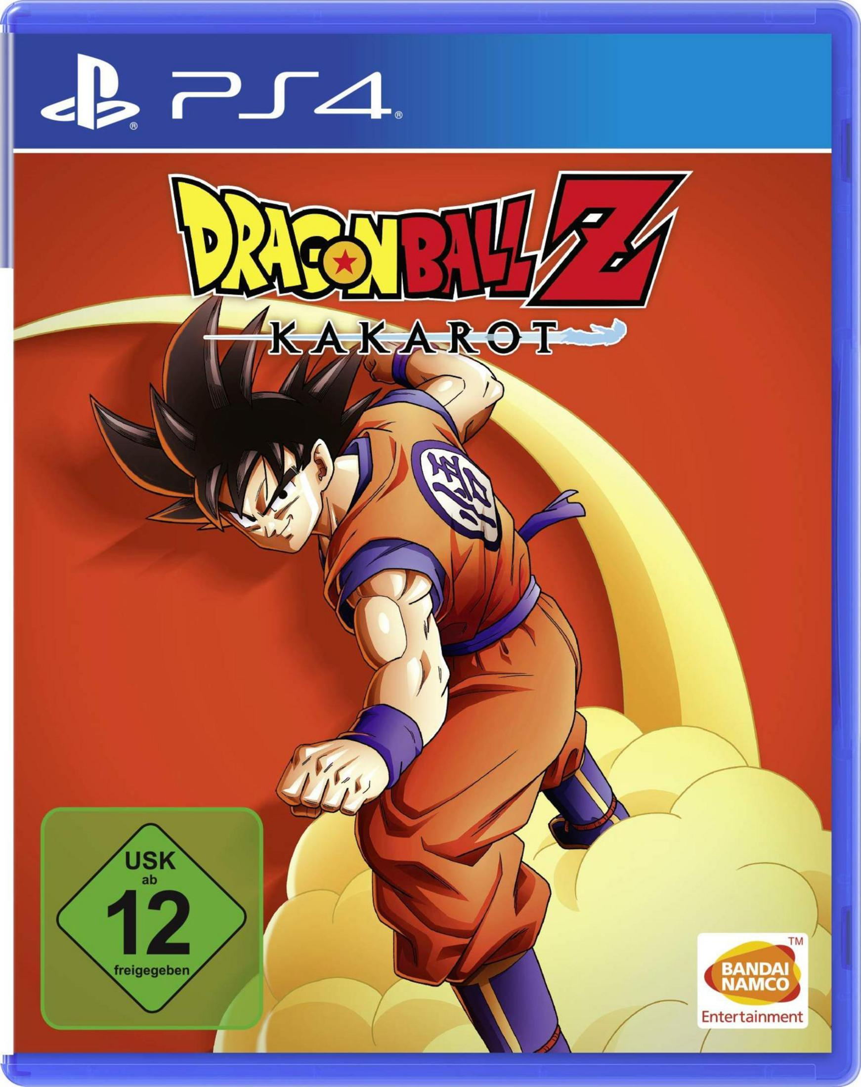 PS4-Spiel: Dragon Ball Z Kakarot. Goku in orangefarbener Kampfhaltung. Roter Hintergrund.