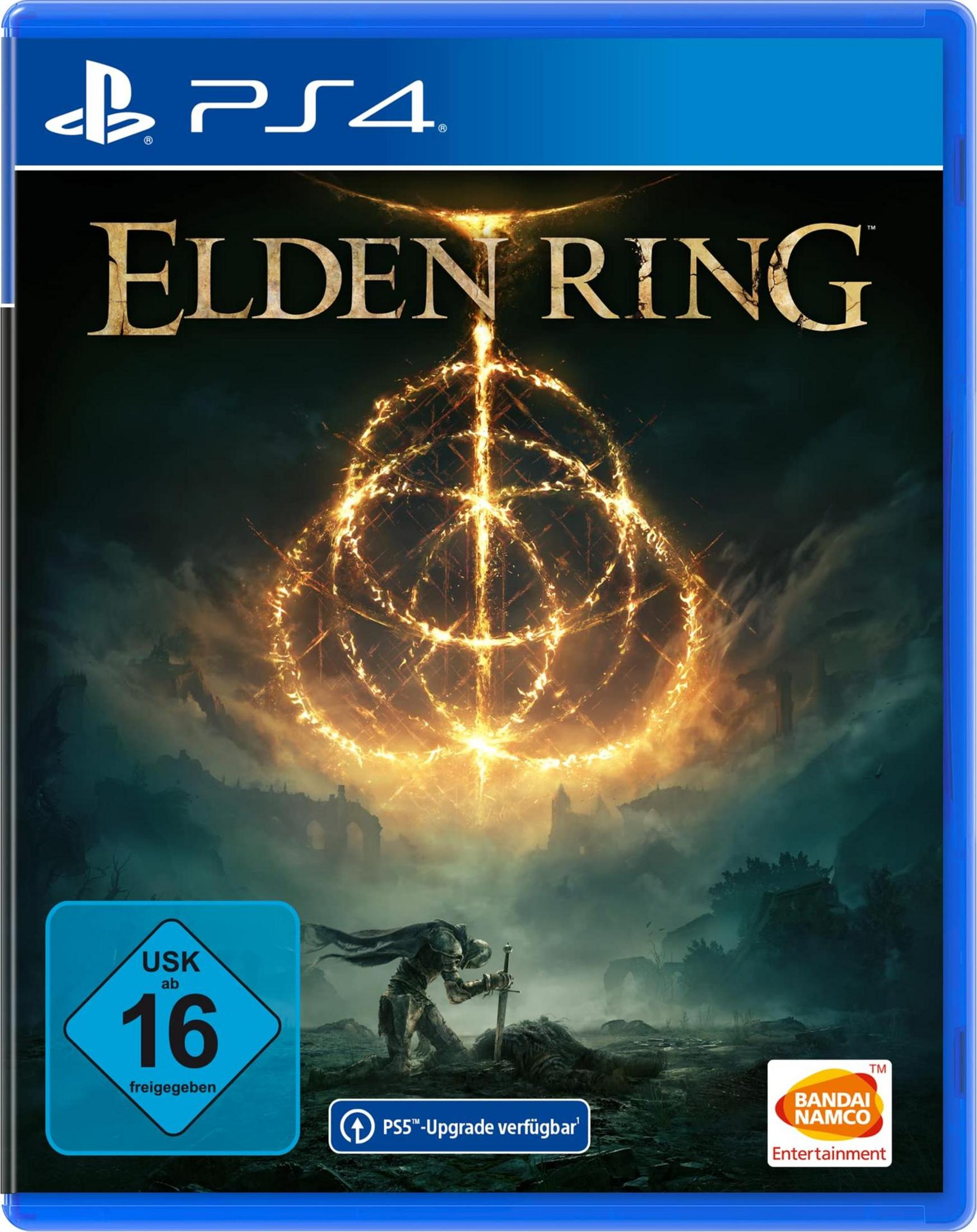 Elden Ring Spielbox für PS4. Zeigt einen Krieger, einen Lichtring und eine dunkle Landschaft.