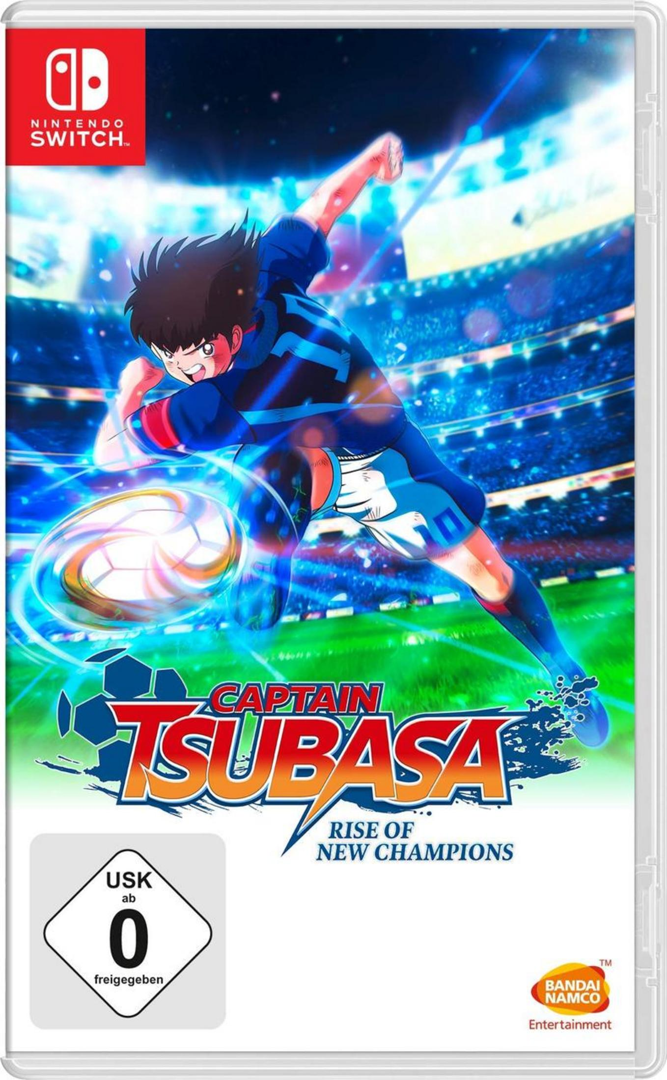 Captain Tsubasa: Rise of New Champions Spielcover. Ein Fußballspieler schießt einen Ball, mit Stadionhintergrund.