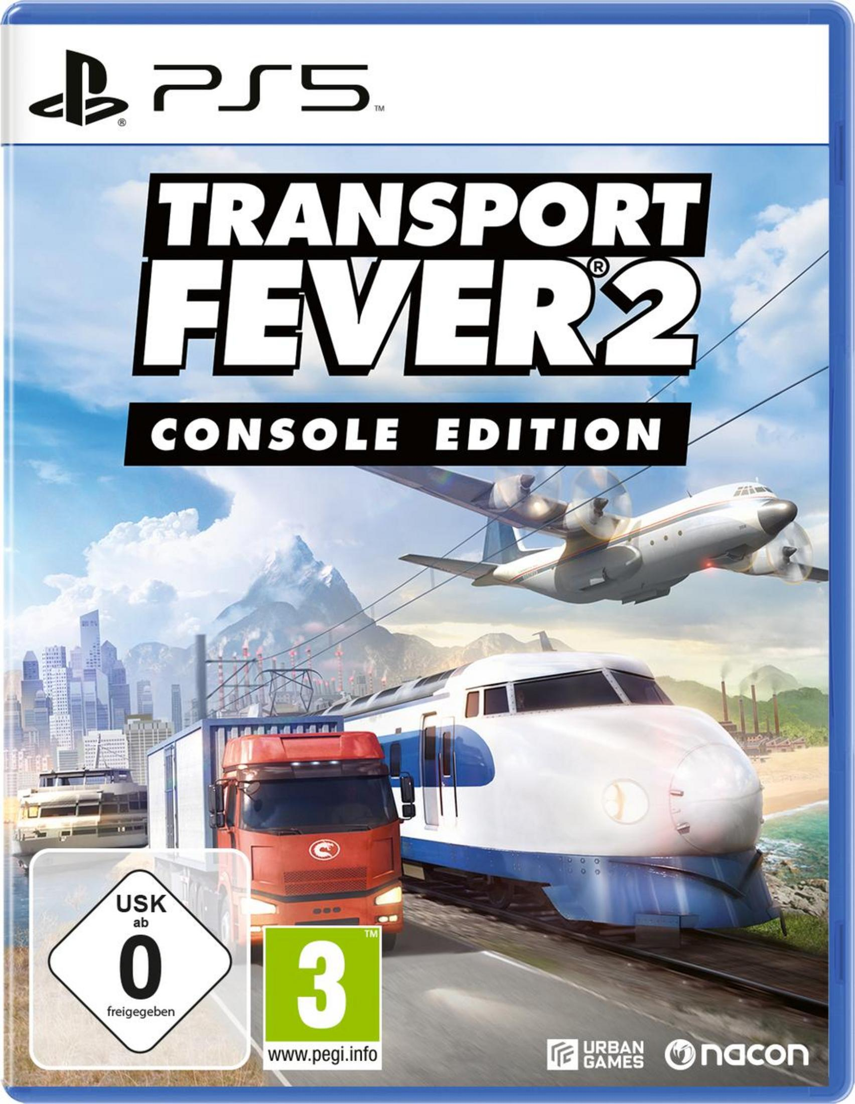 Transport Fever 2: Console Edition Cover. Zeigt einen Zug, einen LKW und einen Stadt-Hintergrund.