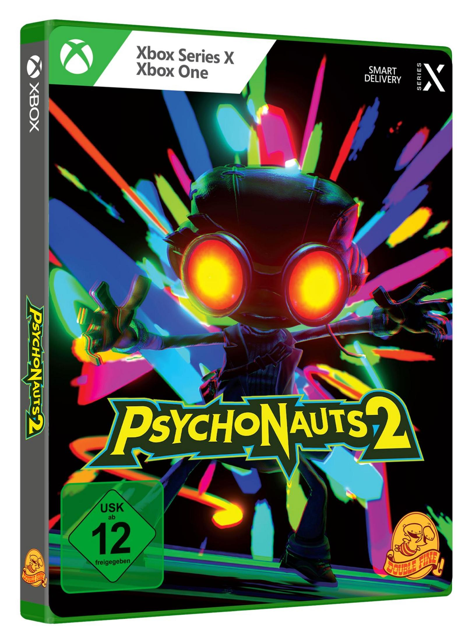 Xbox-Spielhülle von Psychonauts 2, mit buntem Hintergrund und Charakter.