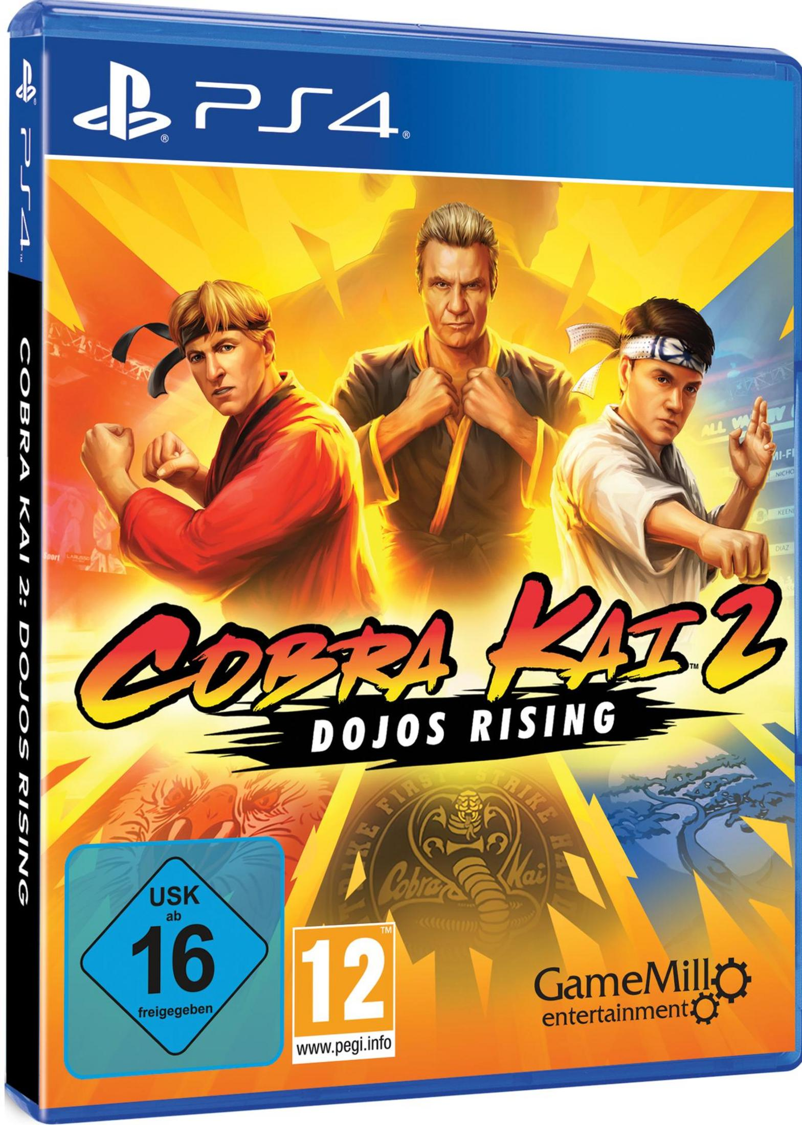 PS4-Spielhülle für Cobra Kai 2, mit drei Charakteren vor gelbem Hintergrund.