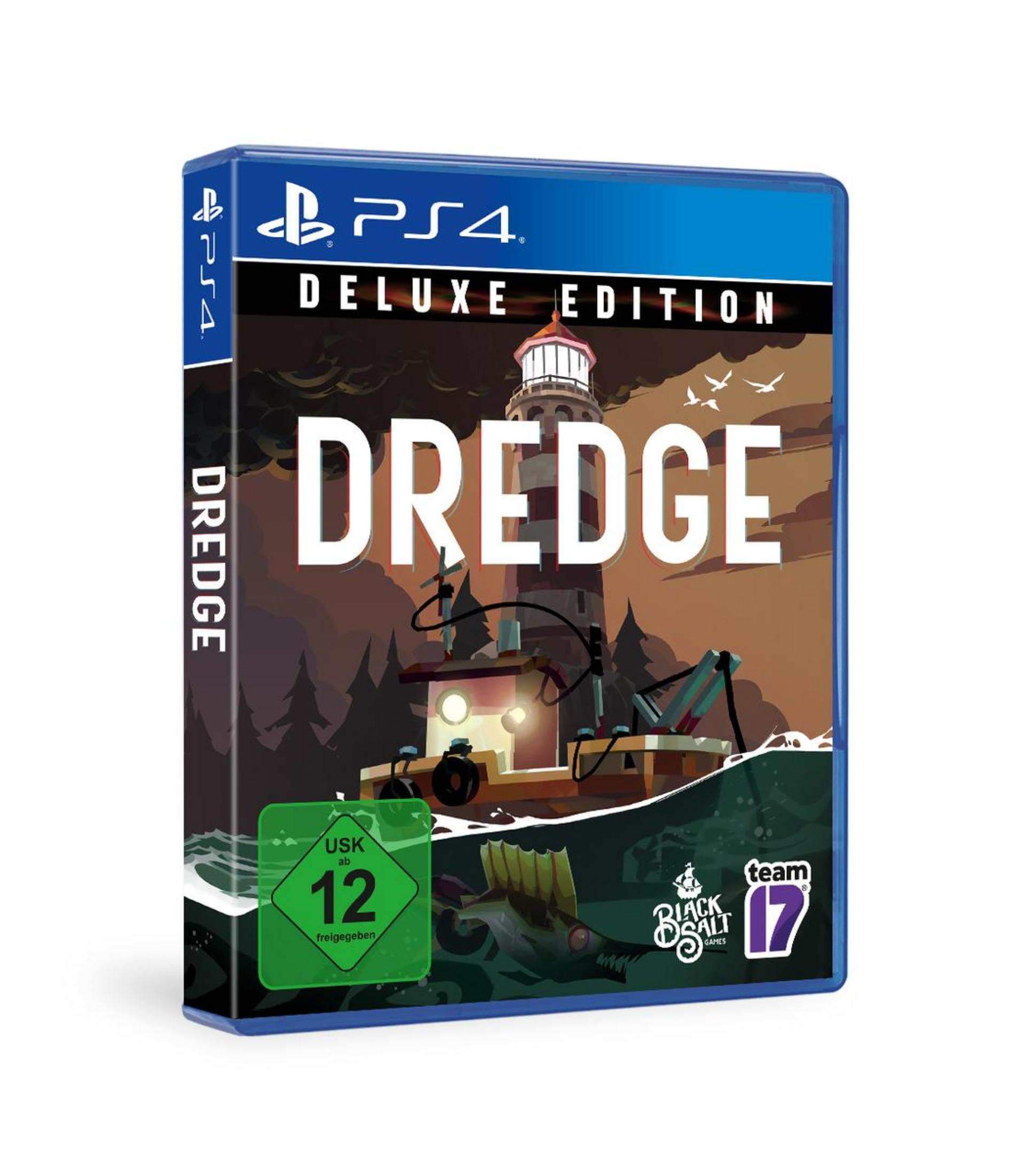 Eine PS4-Spielbox für DREDGE. Sie zeigt einen Leuchtturm und ein Boot auf blauem Hintergrund.
