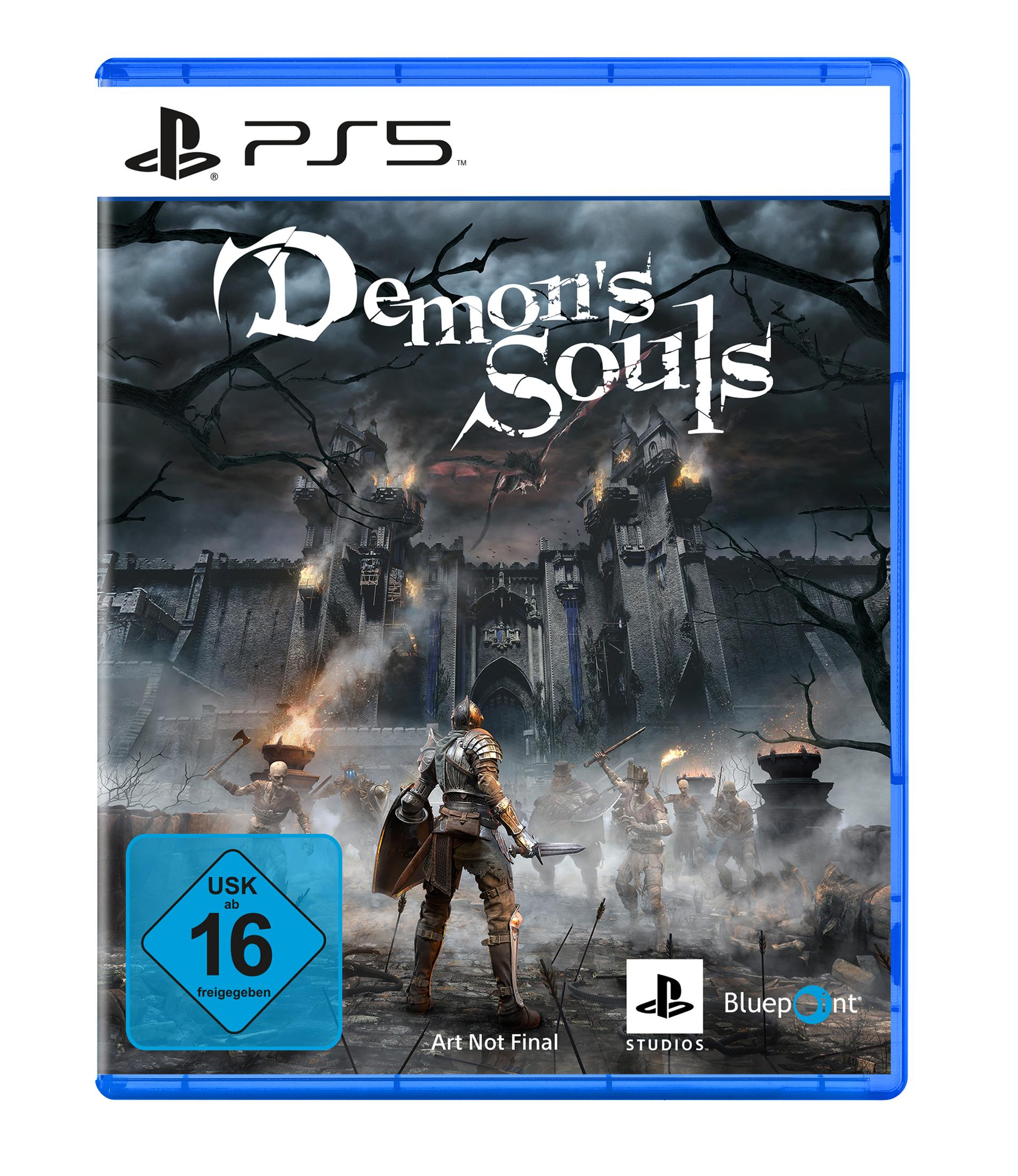 Caja de juego para Demon's Souls. Un caballero con espada frente a un castillo oscuro. Esqueletos con armas al fondo.