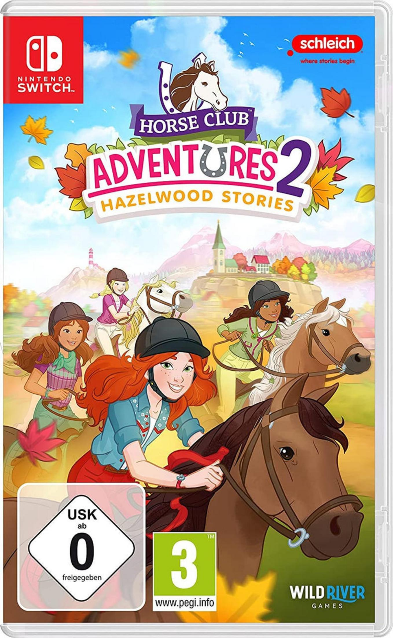Nintendo Switch-Spielcover für 'Horse Club Adventures 2'. Mädchen reiten Pferde im Wald.