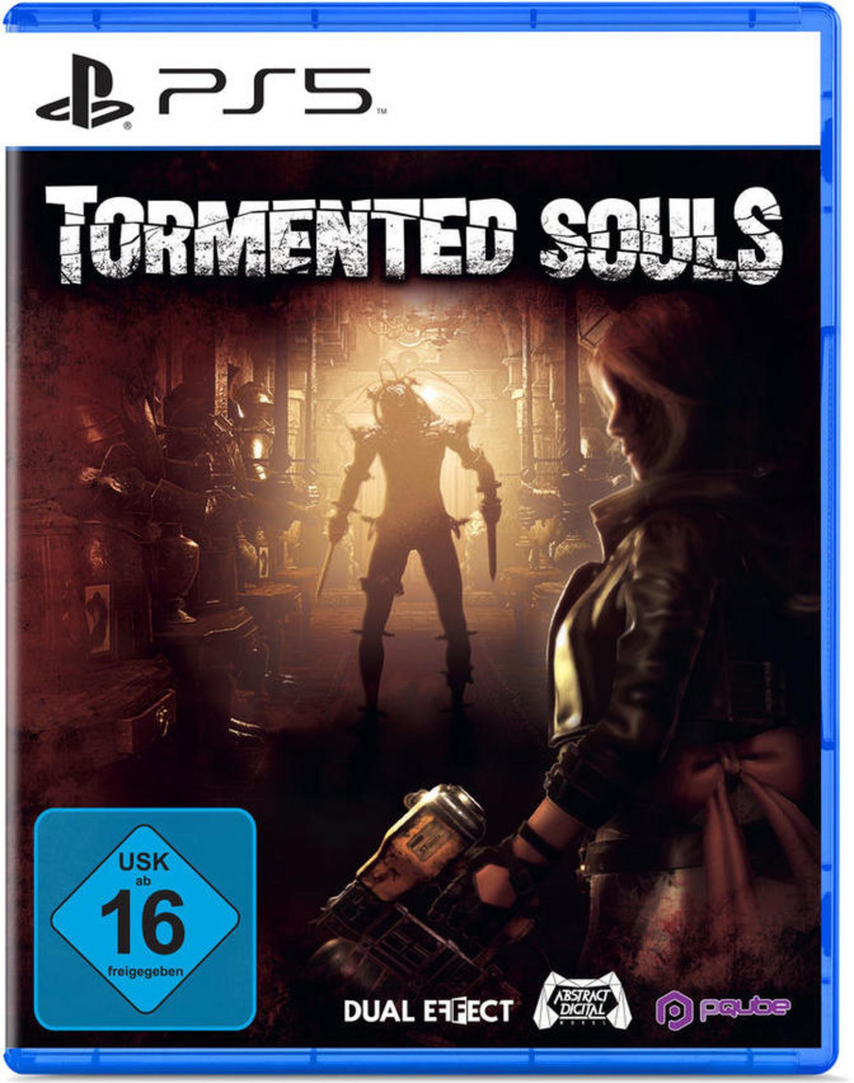 Copertina del gioco con una donna che tiene una pistola in una stanza buia, con una figura sfocata sullo sfondo. Titolo: "Tormented Souls".