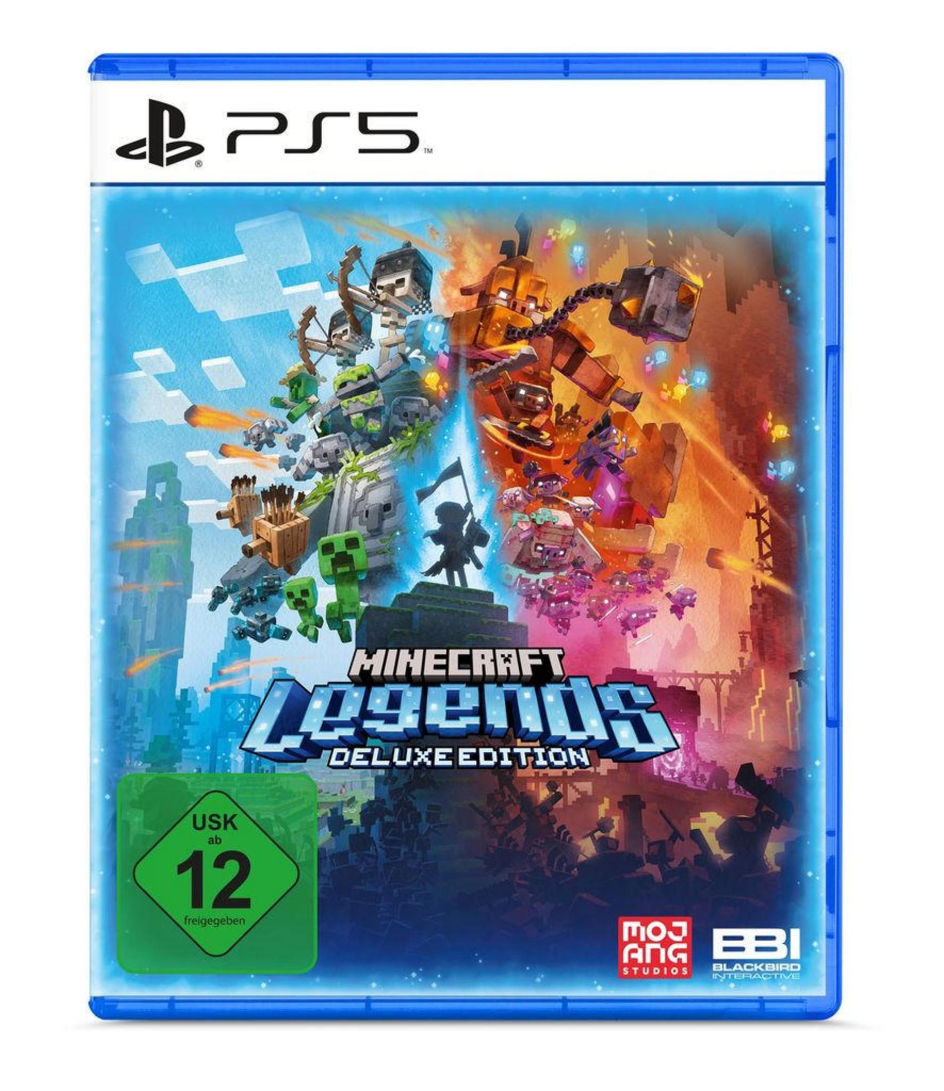 PS5-Spielbox von Minecraft Legends. Das Cover zeigt eine Kampfszene mit verschiedenen Charakteren.