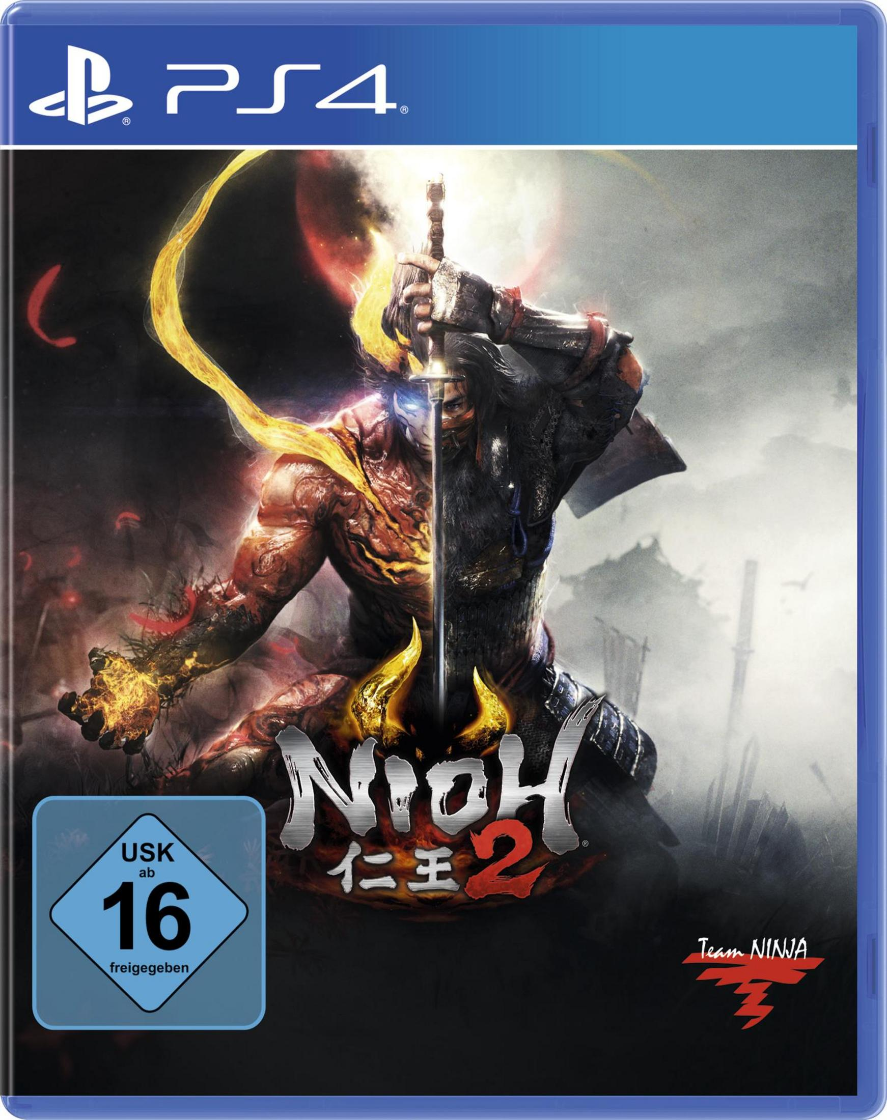 Copertina del gioco Nioh 2. Guerriero con spada e fuoco, logo PS4.