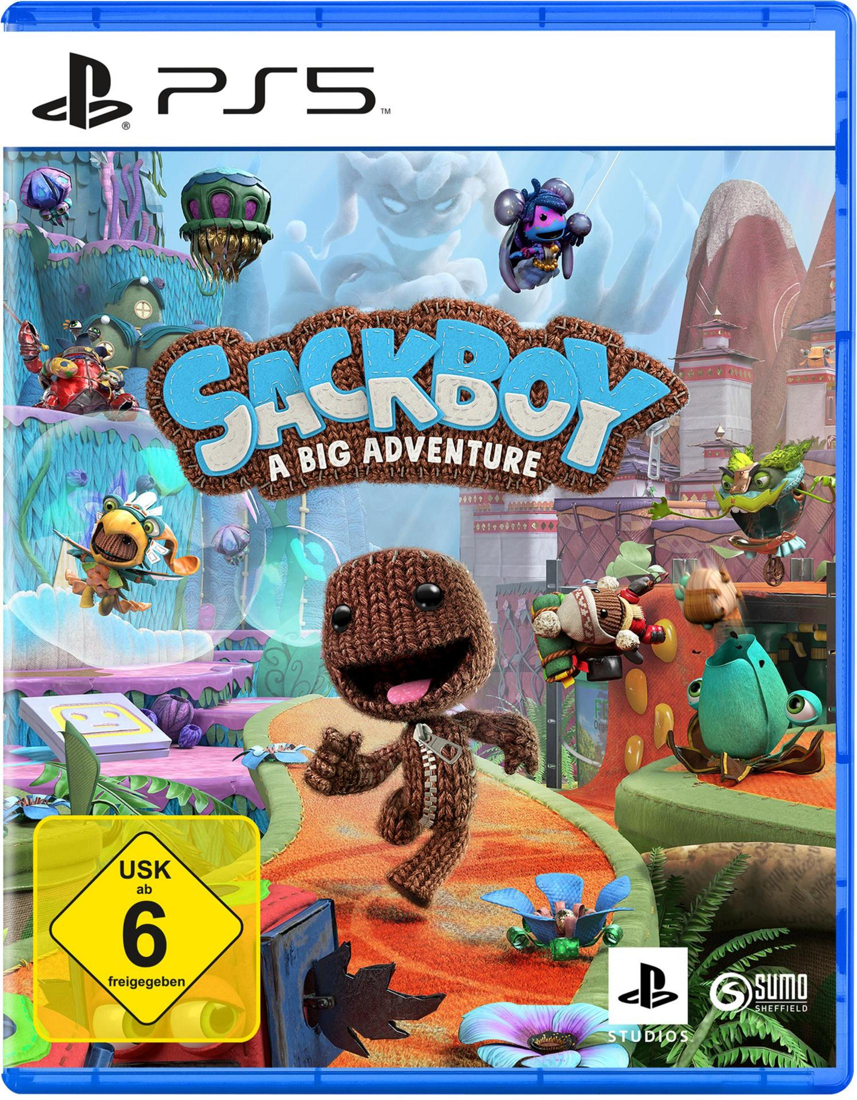 Sackboy-Spielcover. Sackboy-Charakter vor buntem, cartoonartigem Hintergrund.
