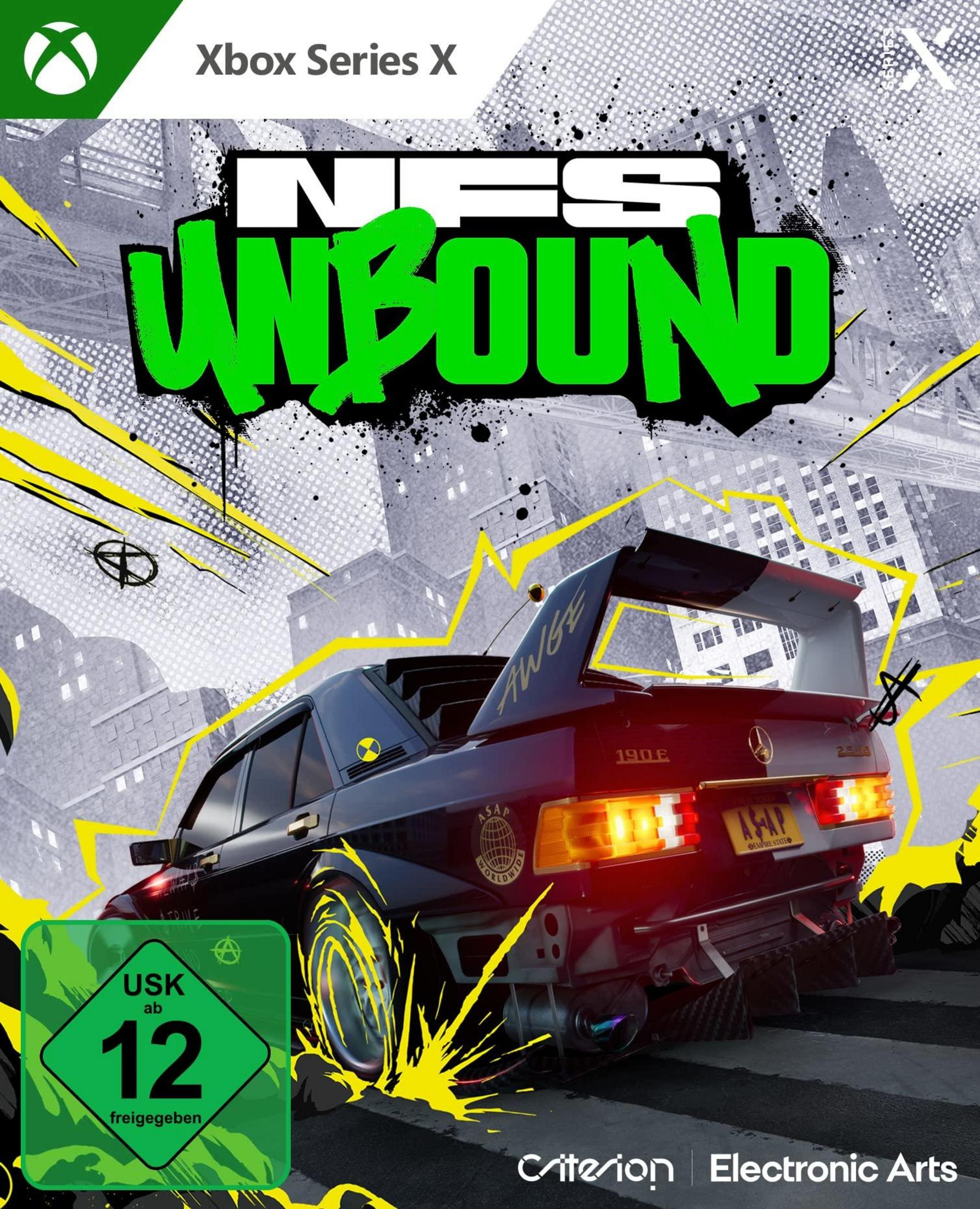 NFS Unbound-Spielcover mit einem Auto auf der Straße, eine Xbox Series X-Hülle.
