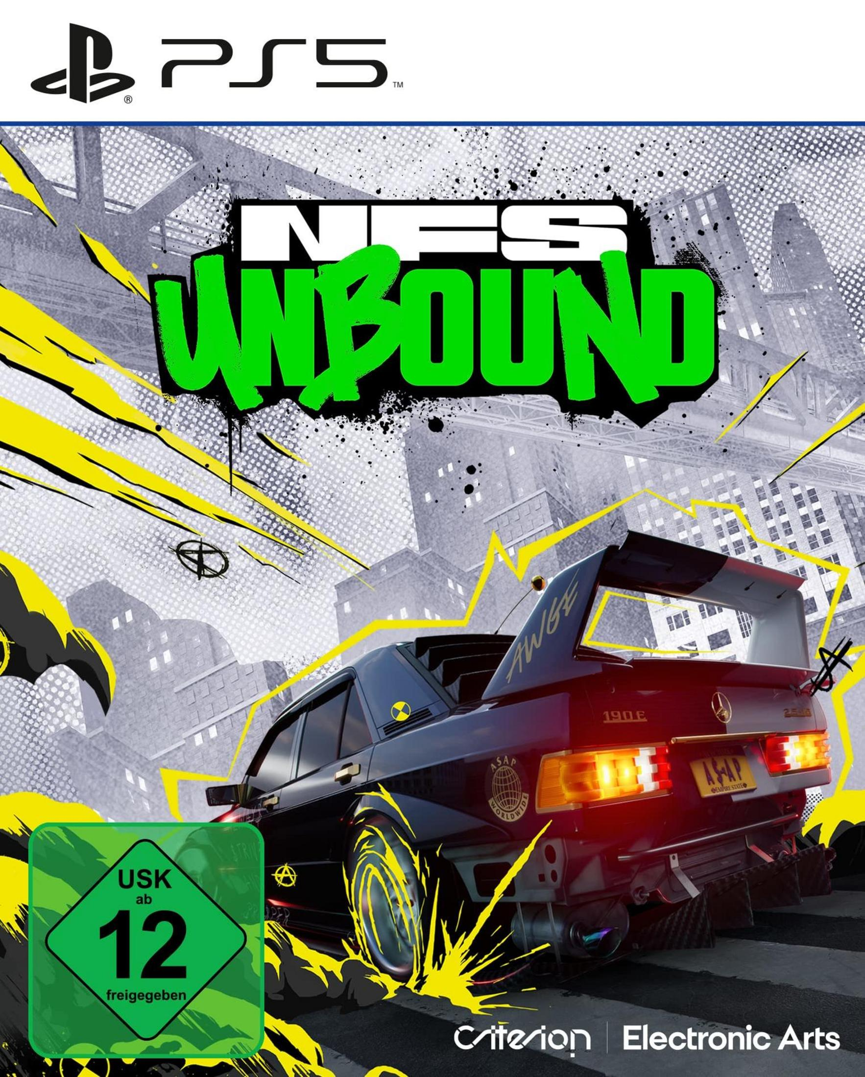 PS5-Videospielhülle mit einem Auto auf dem Cover und dem Titel "NFS UNBOUND".