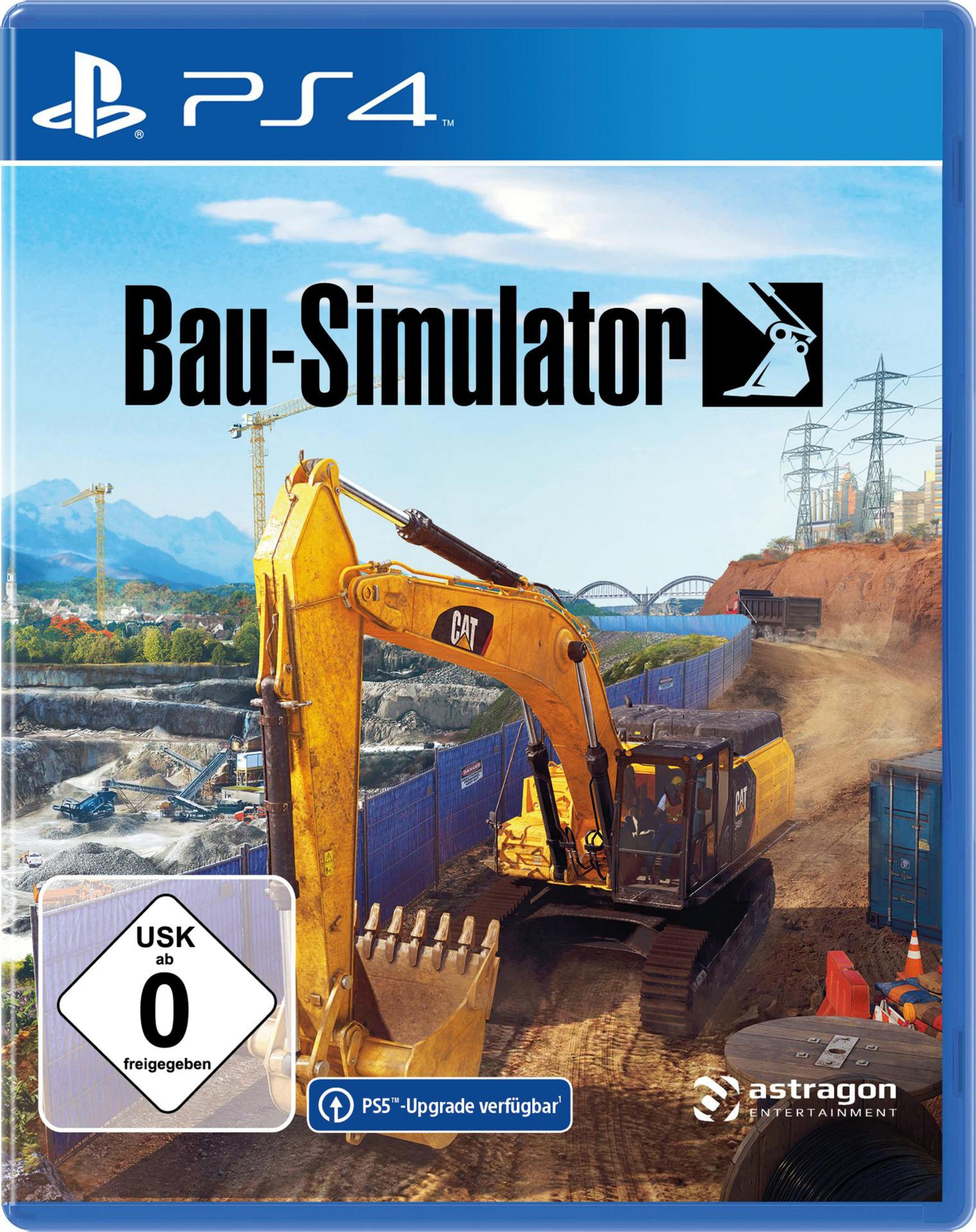 Bau-Simulator PS4-Spielcover. Ein Bagger arbeitet auf einer Baustelle. Gebäude im Hintergrund.