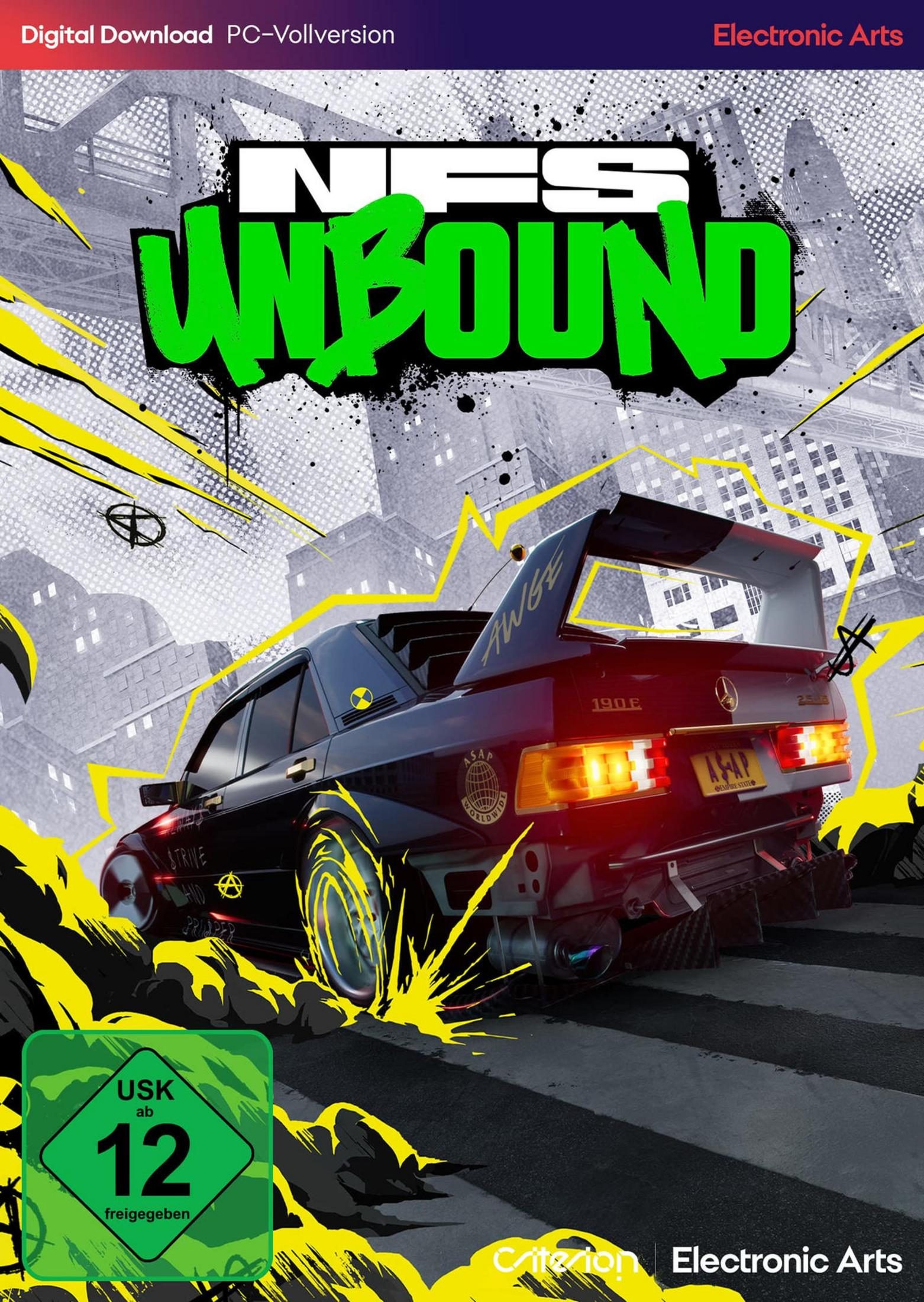 NFS Unbound-Spielcover. Ein Auto driftet mit Stadtkulisse und dem Spiel-Logo.
