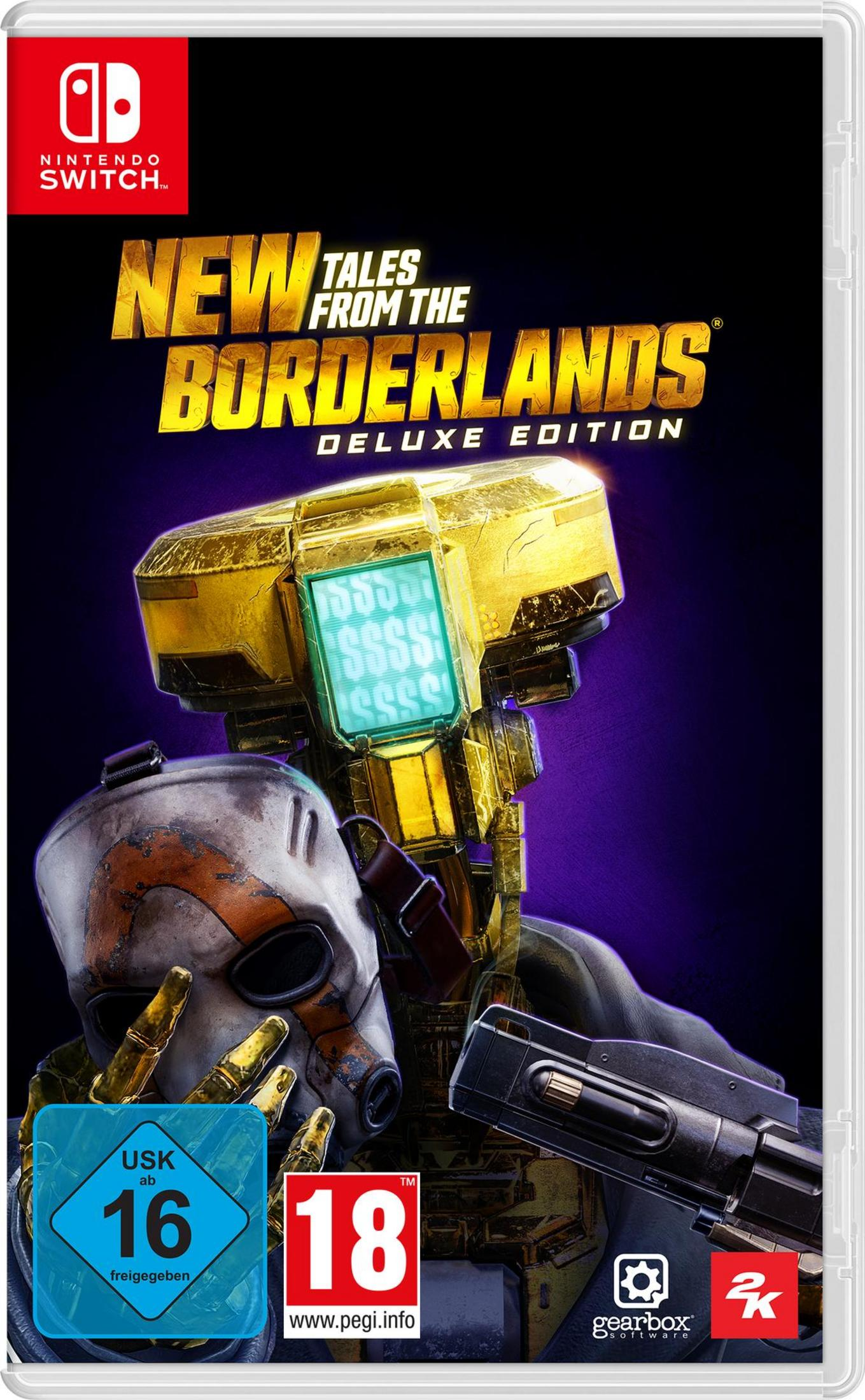 Copertina del gioco New Tales from the Borderlands Deluxe Edition. Personaggio robot, design futuristico, sfondo viola.