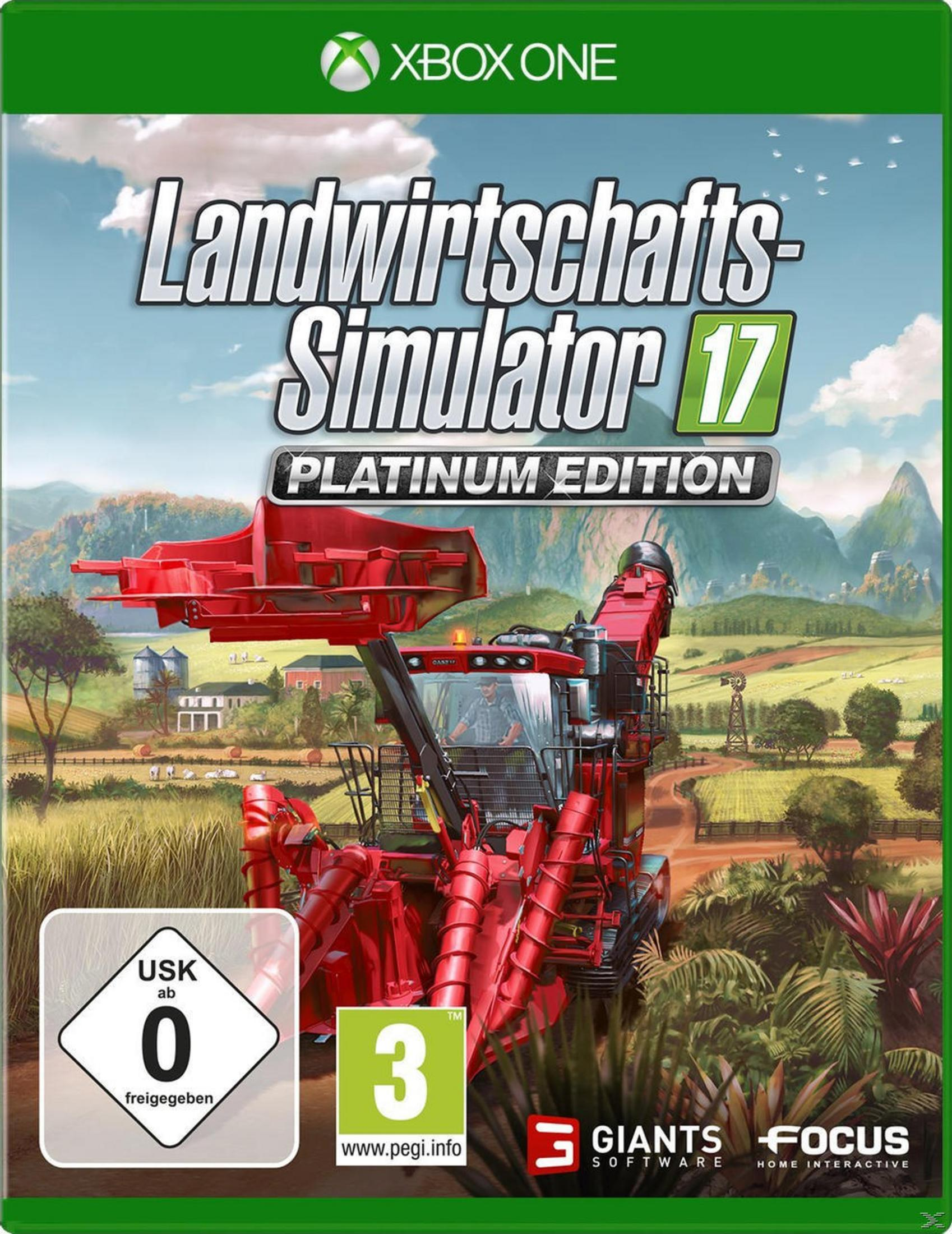 Landwirtschafts-Simulator 17 Platinum Edition-Spielcover. Ein roter Mähdrescher auf einem Feld mit grünem Hintergrund.