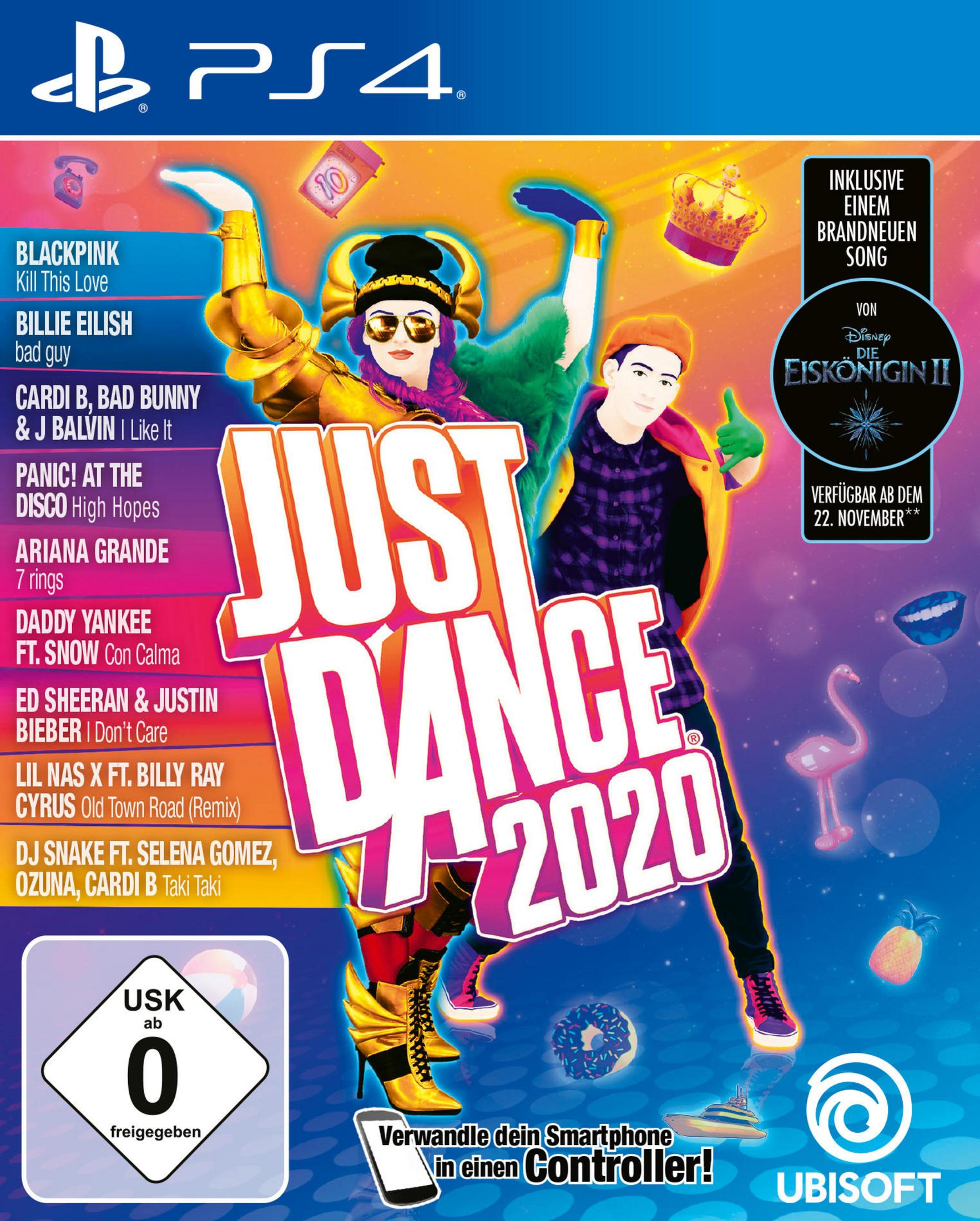 Spielcover für Just Dance 2020, mit Tänzern und einer Liste von Songs.