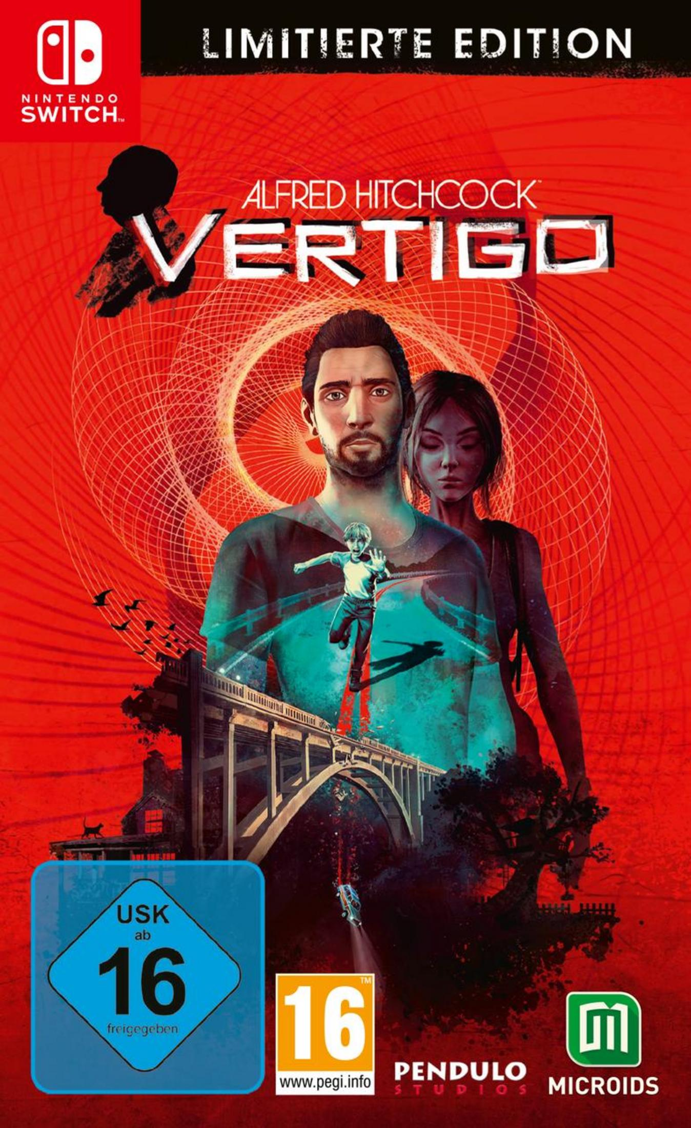 Copertina del gioco Alfred Hitchcock: Vertigo. Uomo e donna con bambino che cade, sfondo rosso.