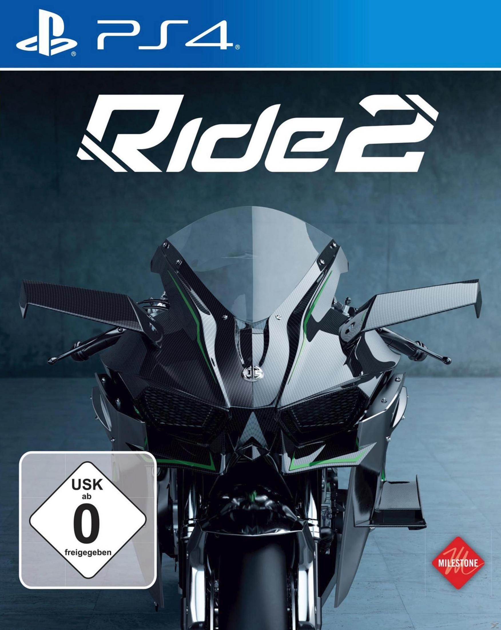 Ride 2 PS4-Spielhülle. Ein schwarzes Motorrad mit grünem Streifen steht im Mittelpunkt. Der Hintergrund ist verschwommen.