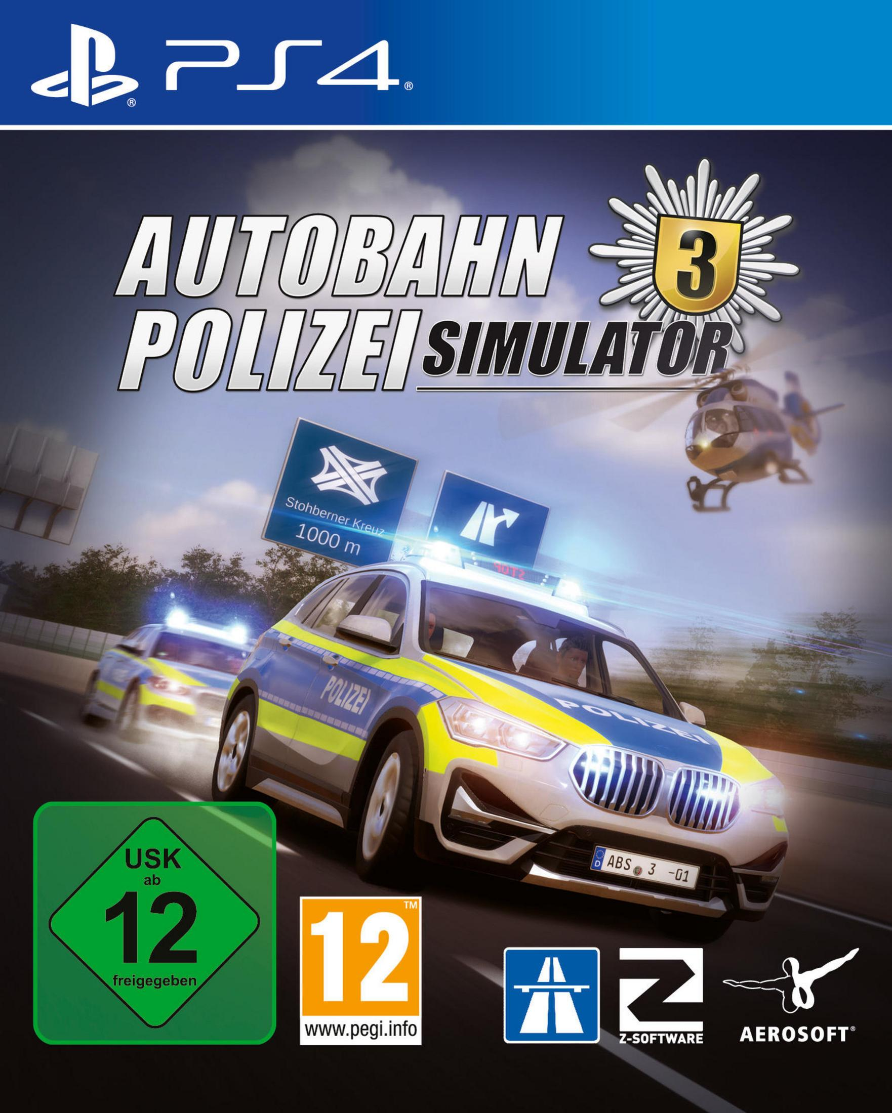 PS4-Spielbox: Autobahn Polizei Simulator 3. Polizeiauto auf dem Cover. Weißer Hintergrund.