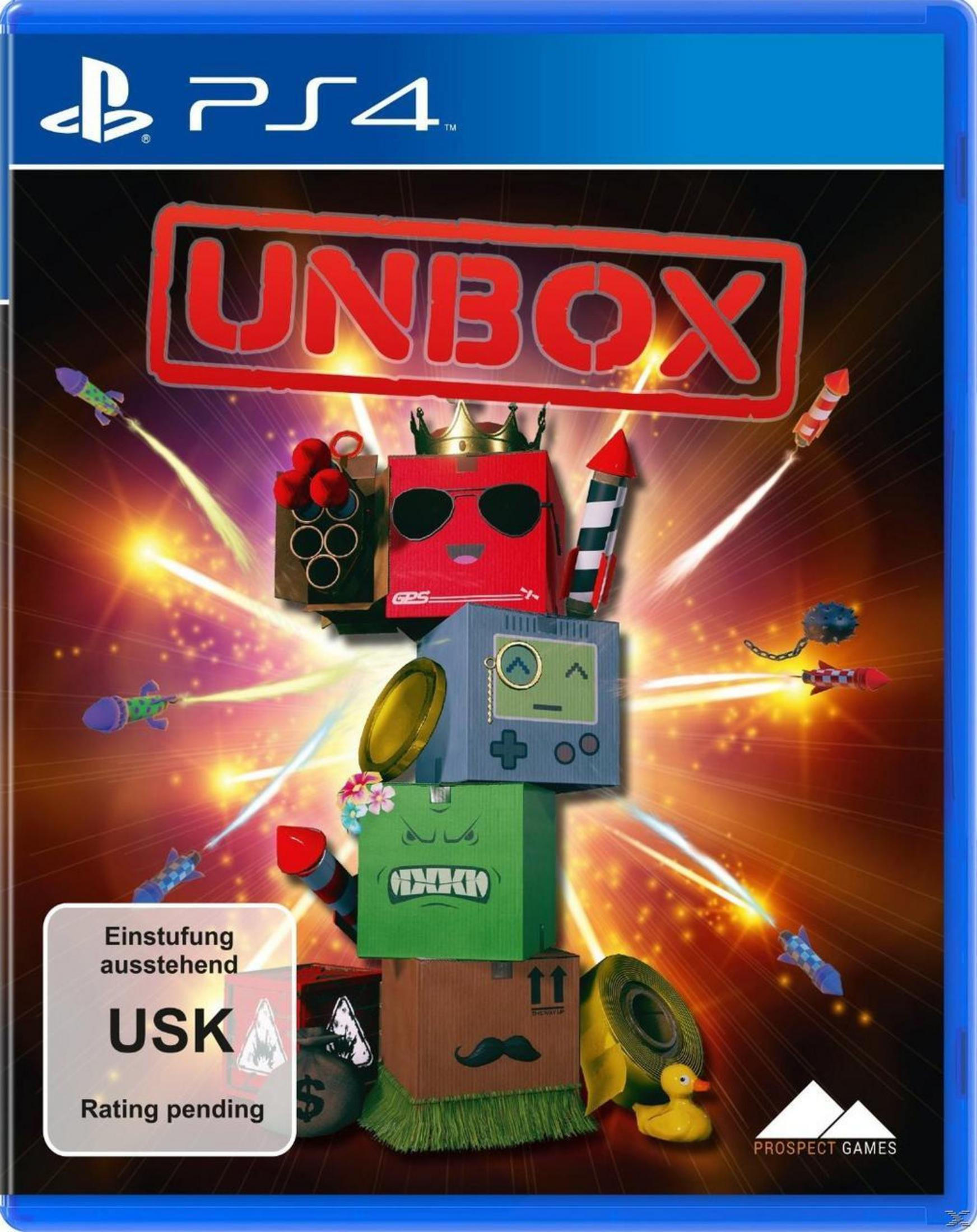 Copertina del gioco Unbox. Scatole con facce, razzi e altri oggetti sono sulla copertina. Lo sfondo è blu.