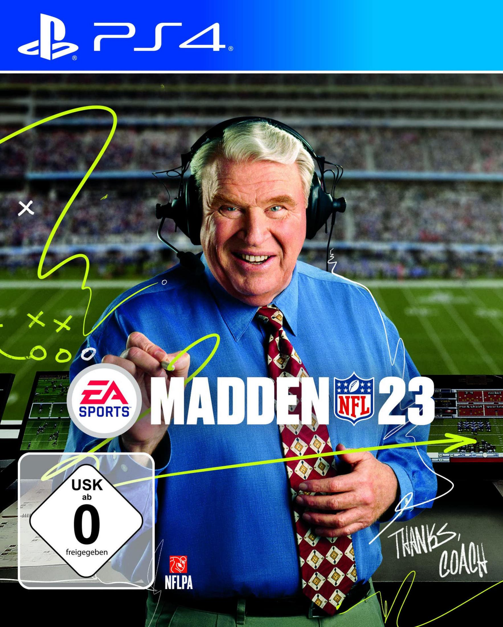 Spielcover: Mann mit Headset, Titel "Madden NFL 23" und Footballfeldhintergrund. EA Sports Logo sichtbar.