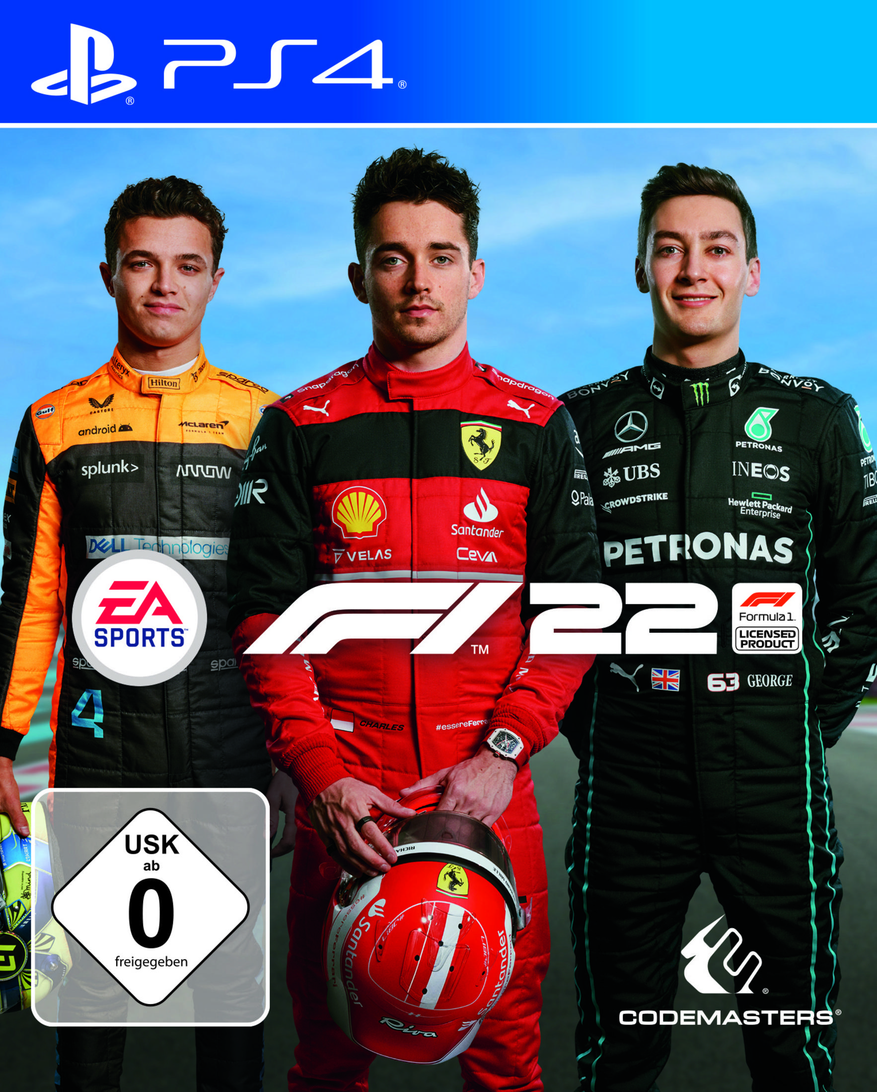 Spielcover: F1 22. Drei F1-Fahrer. Der Spieltitel und das EA Sports-Logo. PS4-Logo.
