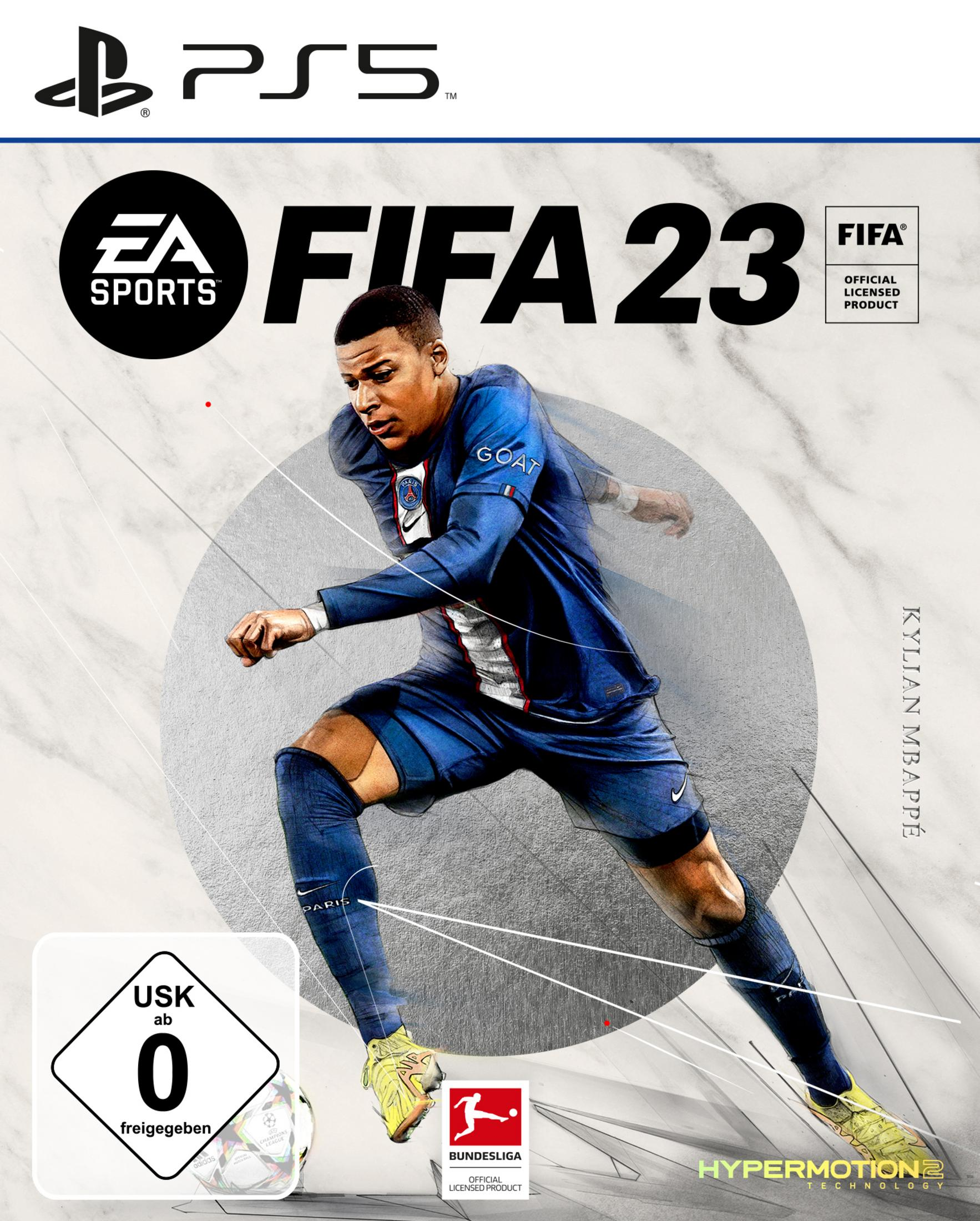 Spielcover: FIFA 23 mit Kylian Mbappe, der rennt. Ein Fußball und das Spiel-Logo sind zu sehen.