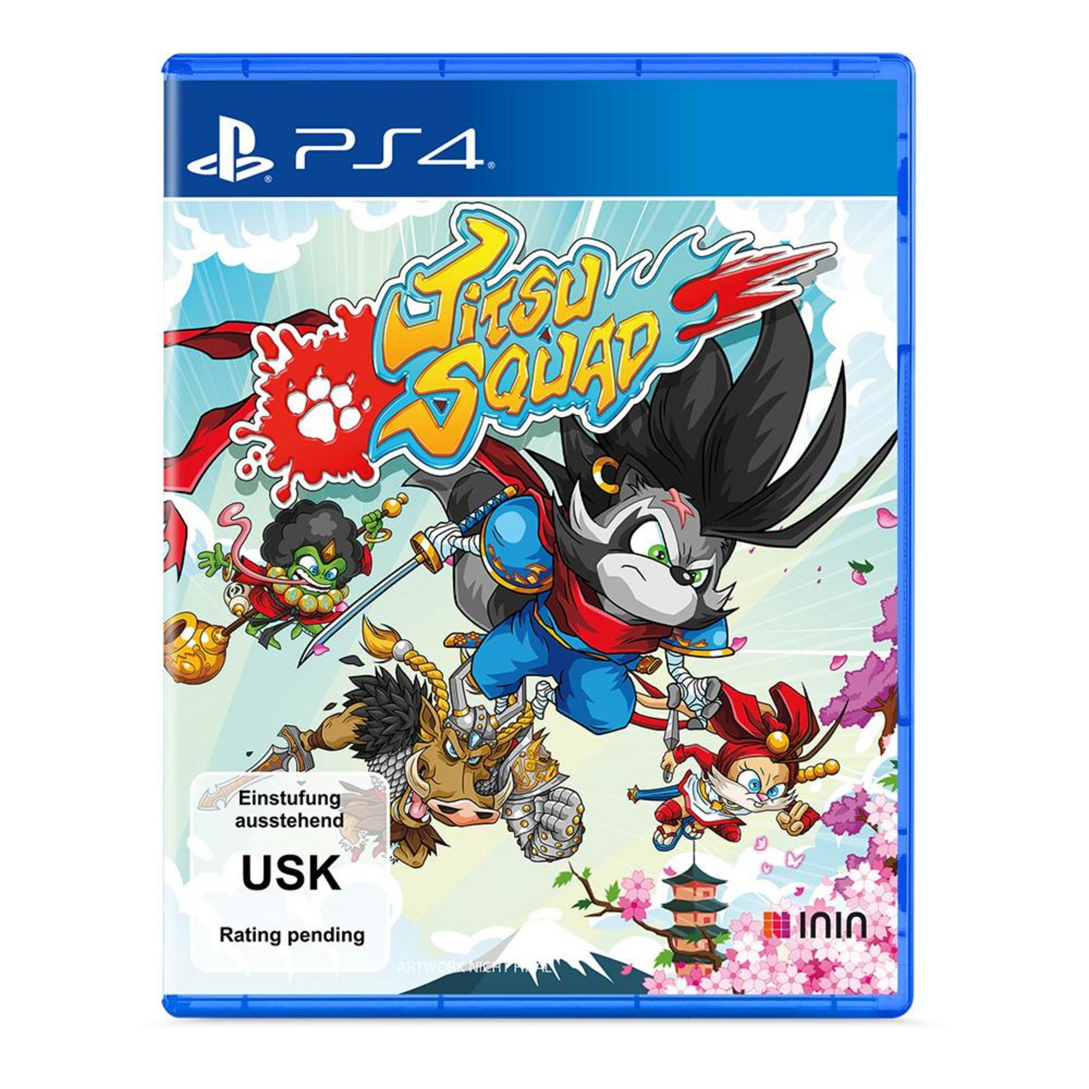 Copertina del gioco Jitsu Squad. Personaggi dei cartoni animati sono presenti sulla copertina, con fiori di ciliegio sullo sfondo.
