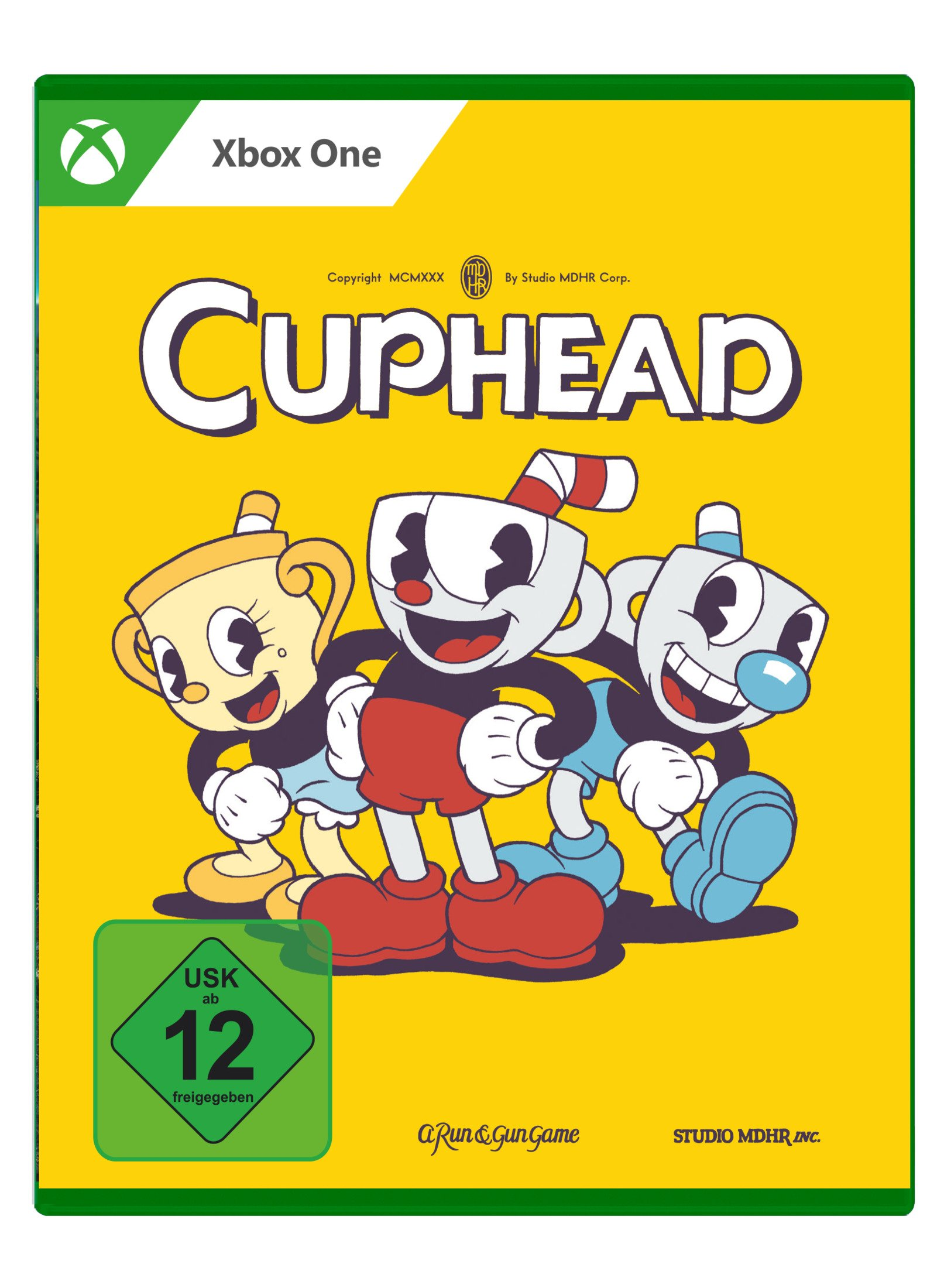 Xbox One Spielcover von Cuphead, mit drei Zeichentrickfiguren mit Tassen auf gelbem Hintergrund.