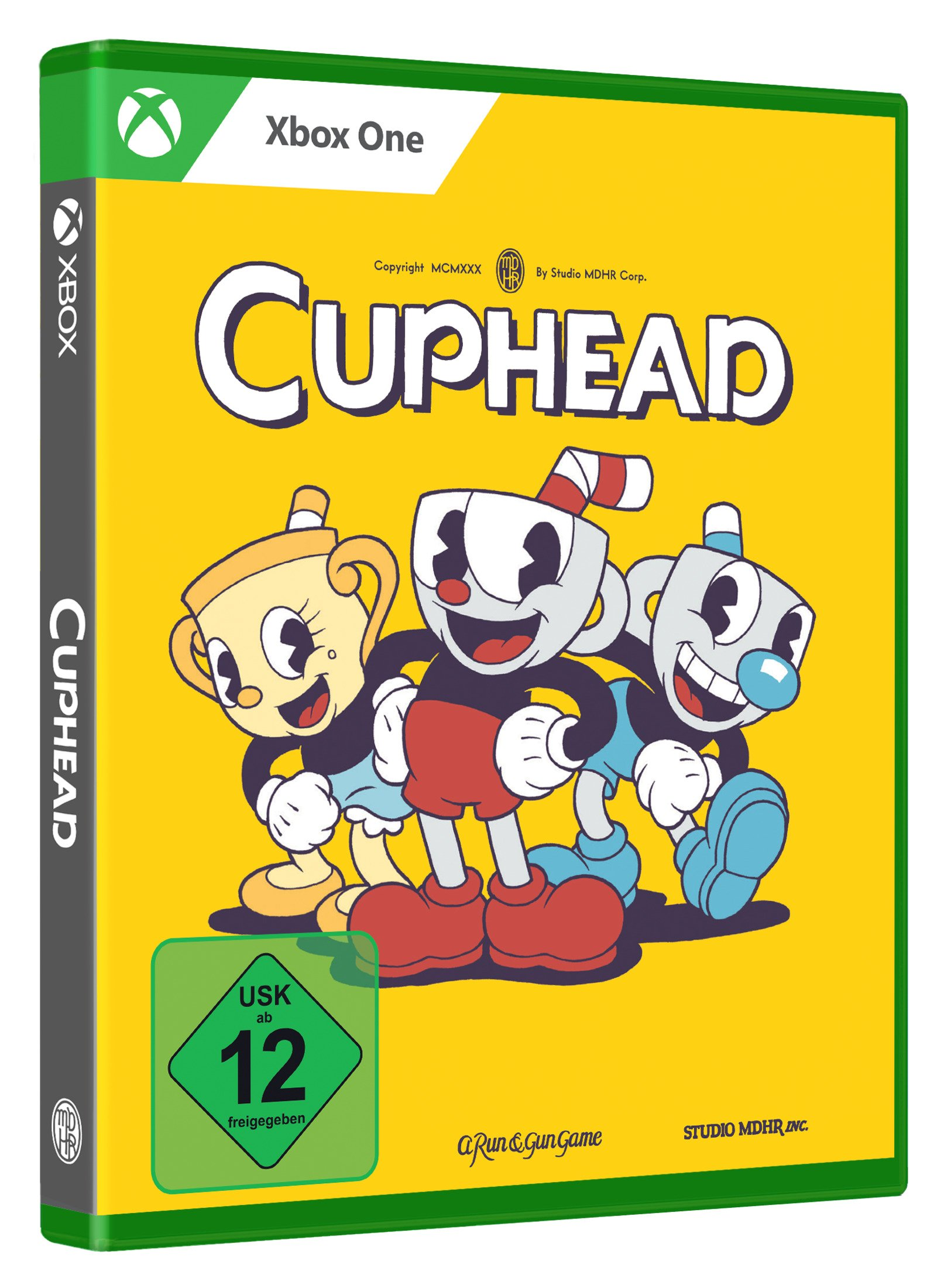 Xbox One-Spielcover für Cuphead. Enthält drei Cartoon-Tassen-Charaktere auf gelbem Hintergrund.