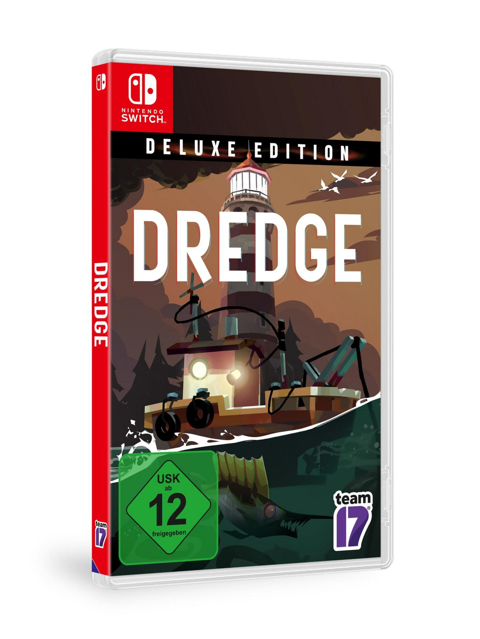 Scatola del gioco DREDGE Deluxe Edition per Nintendo Switch, con grafica del faro e dorso rosso.