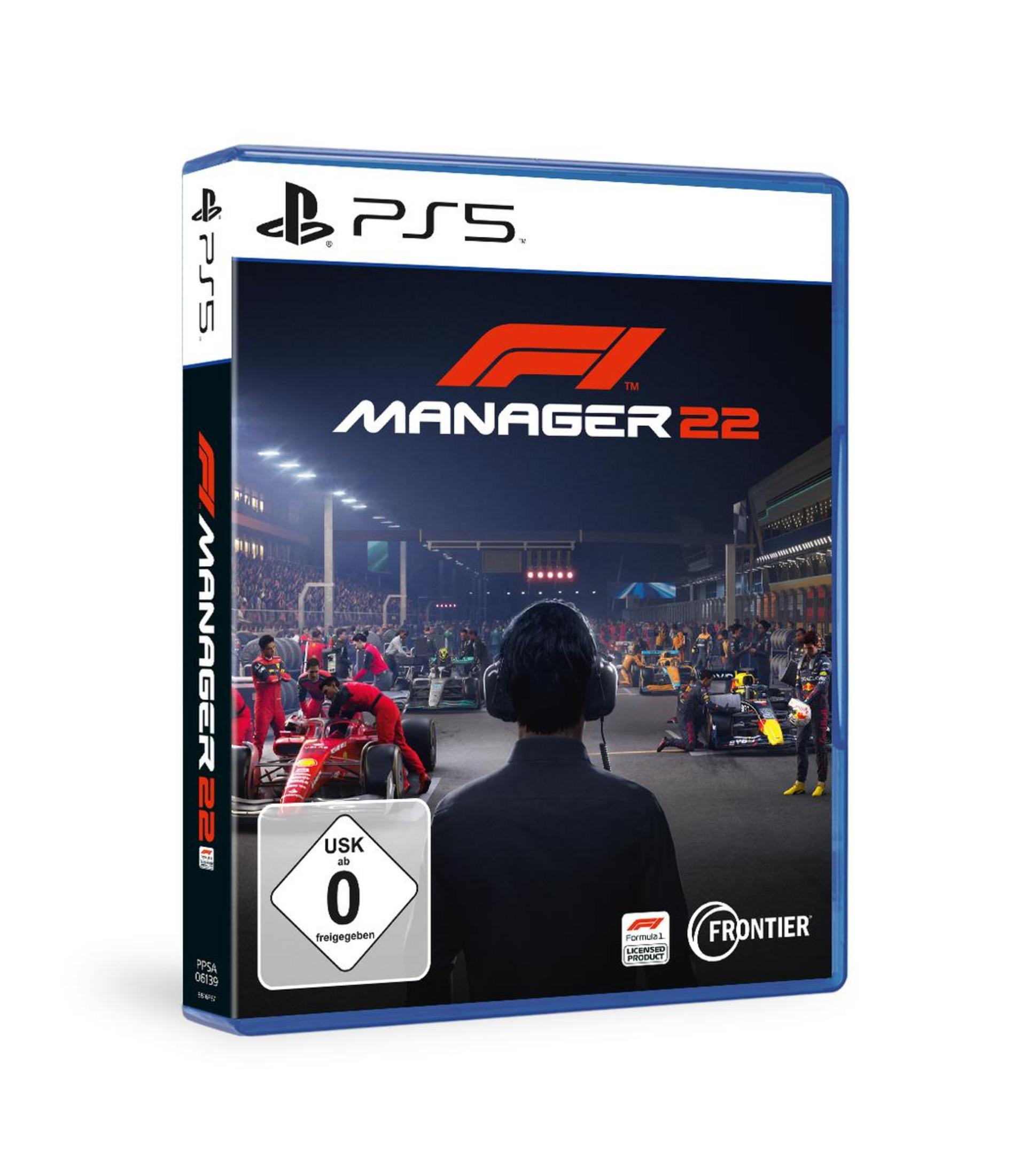 PS5-Spielbox für F1 Manager 22. Das Cover zeigt eine Rennstrecke mit einer Person im Vordergrund.
