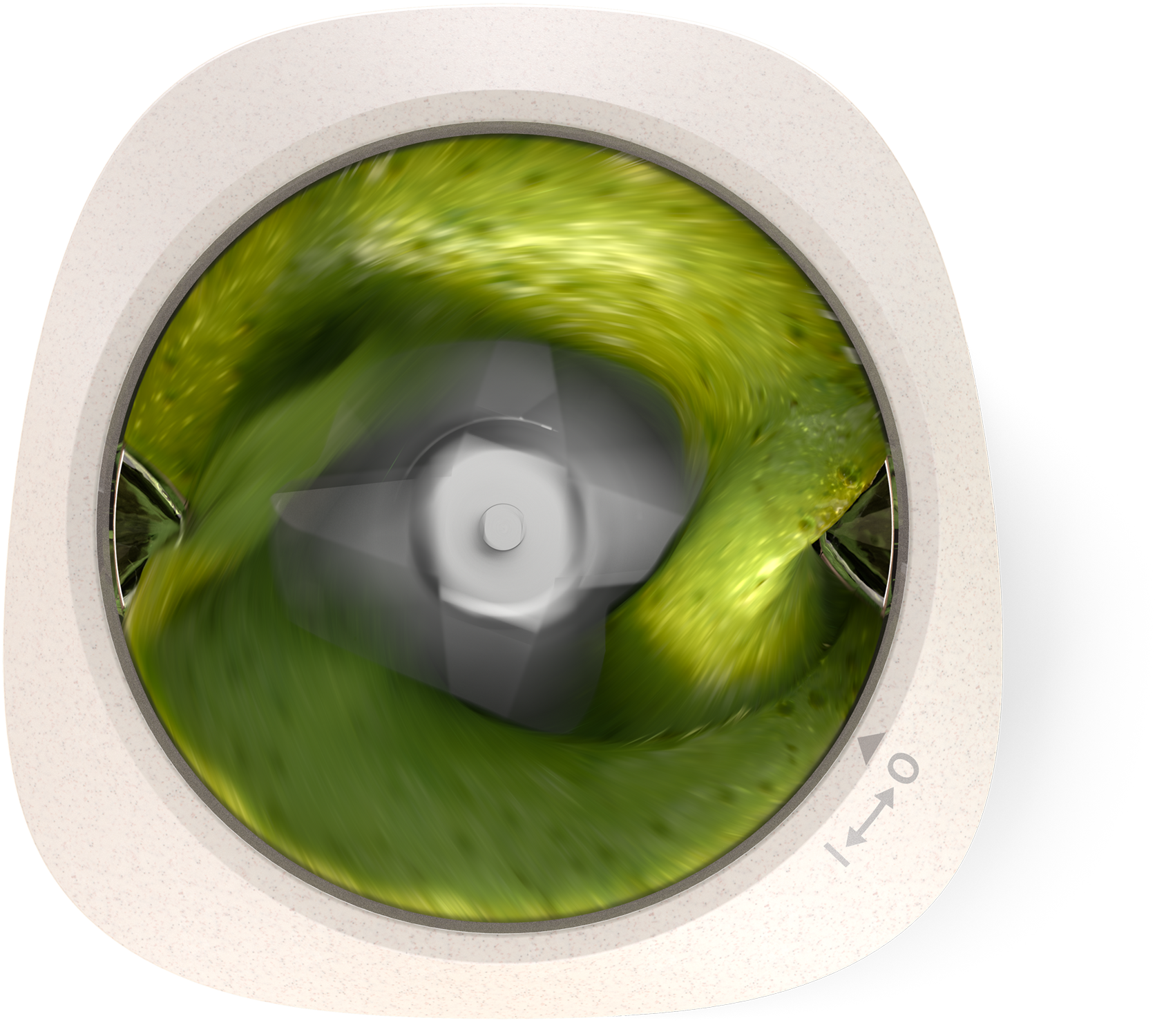 Eine Draufsicht auf einen Mixer mit grüner Flüssigkeit, die die Messer zeigt.