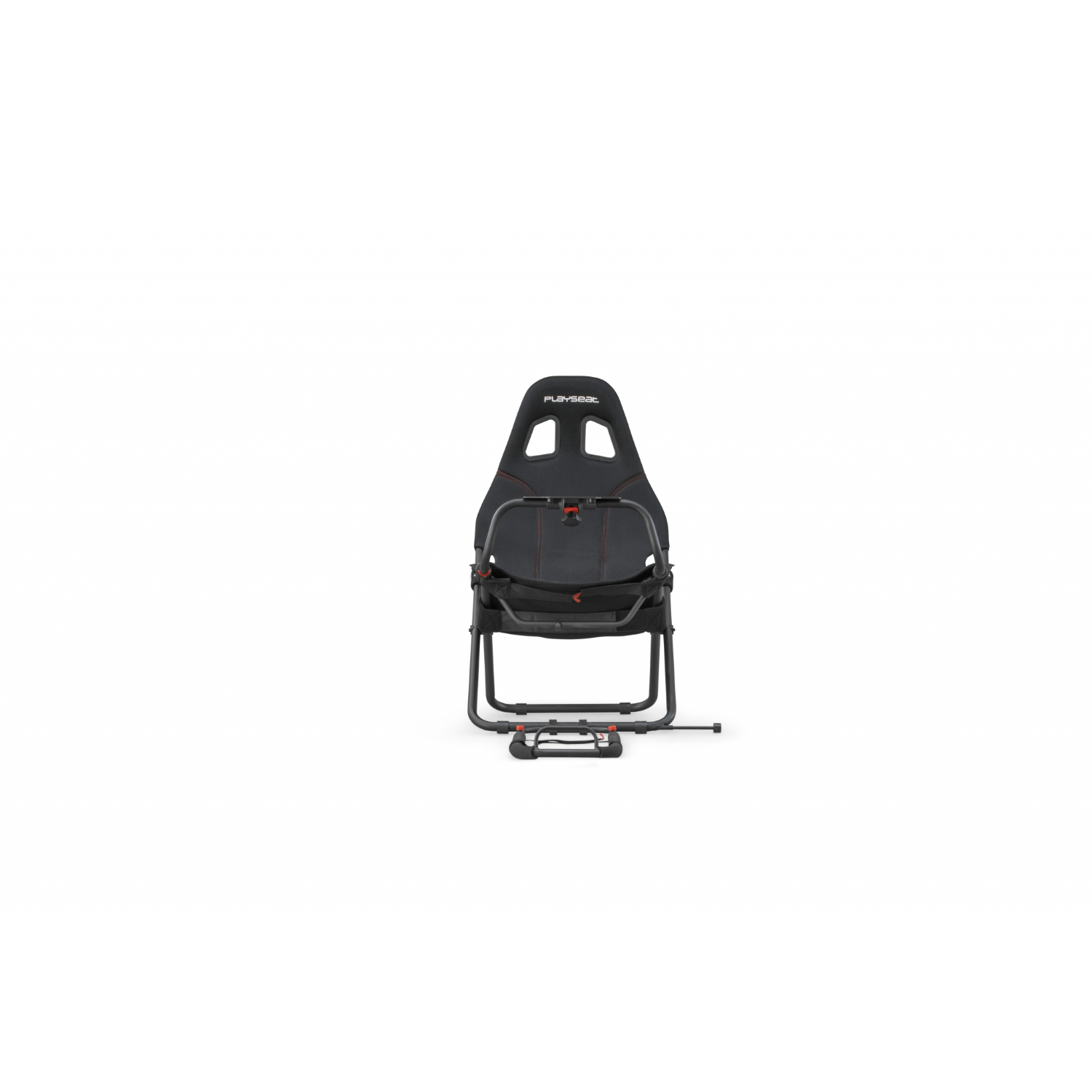 Schwarzer Playseat Rennstuhl. Er steht auf weißem Hintergrund. Es ist ein Rennsimulator-Sitz.