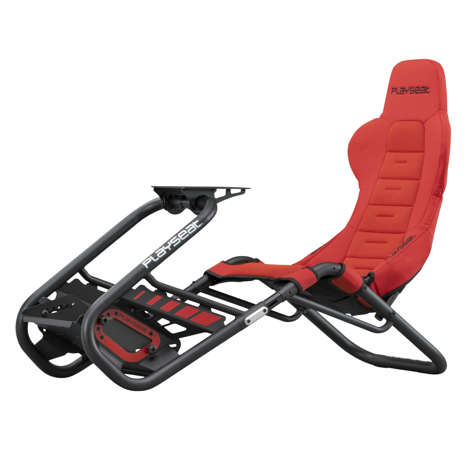 Chaise de course rouge avec cadre noir. C'est une chaise de jeu.