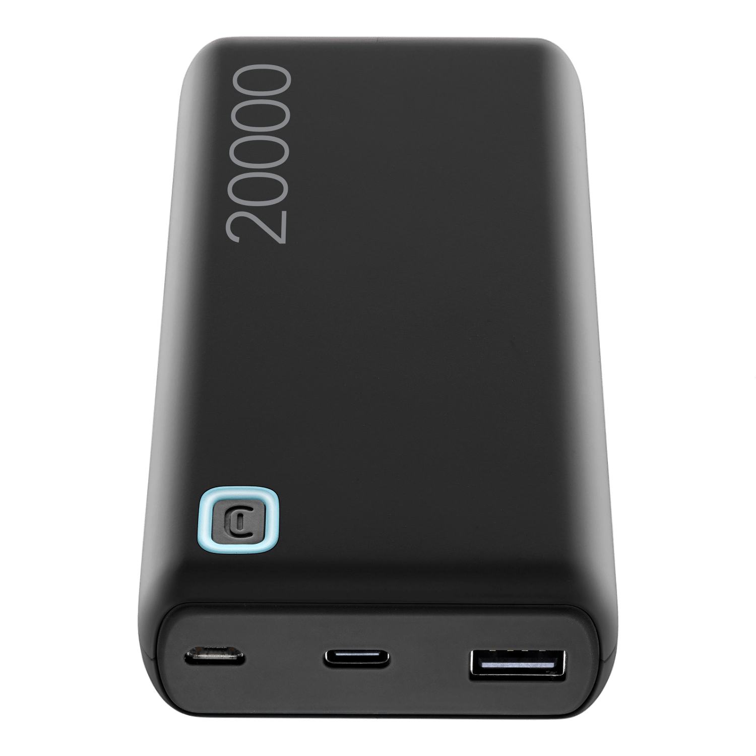 Power bank nero. Ha un pulsante, una porta USB, una porta USB-C e mostra il numero 20000.