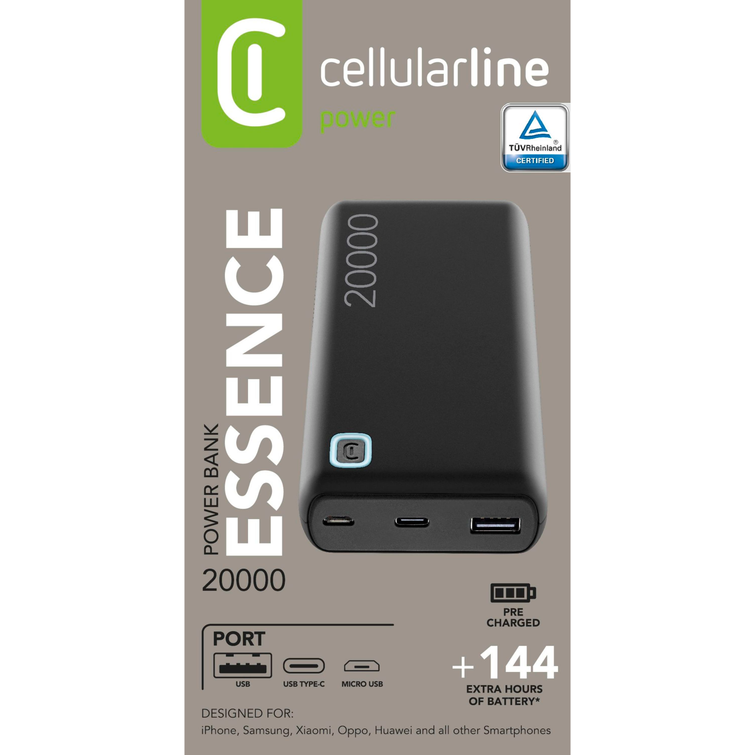 Power bank nero con testo 'ESSENCE' bianco e una capacità di 20000.